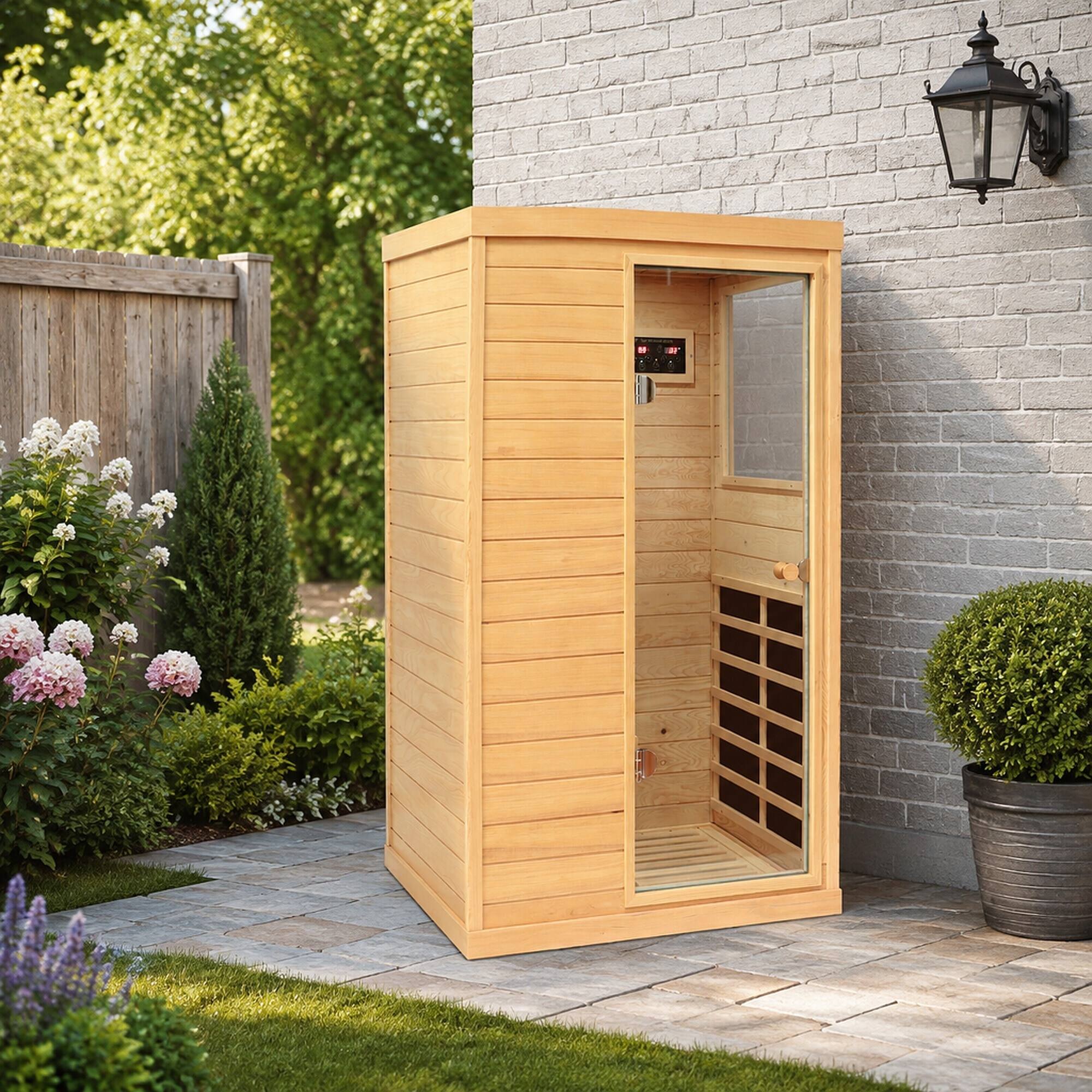 Alt View 2. RYHNUYNE - Hemlock Mini 1-Person Far Infrared Sauna, Right-Hinged Door, 1050W, 6 Heating Panels, Indoor - Natural.
