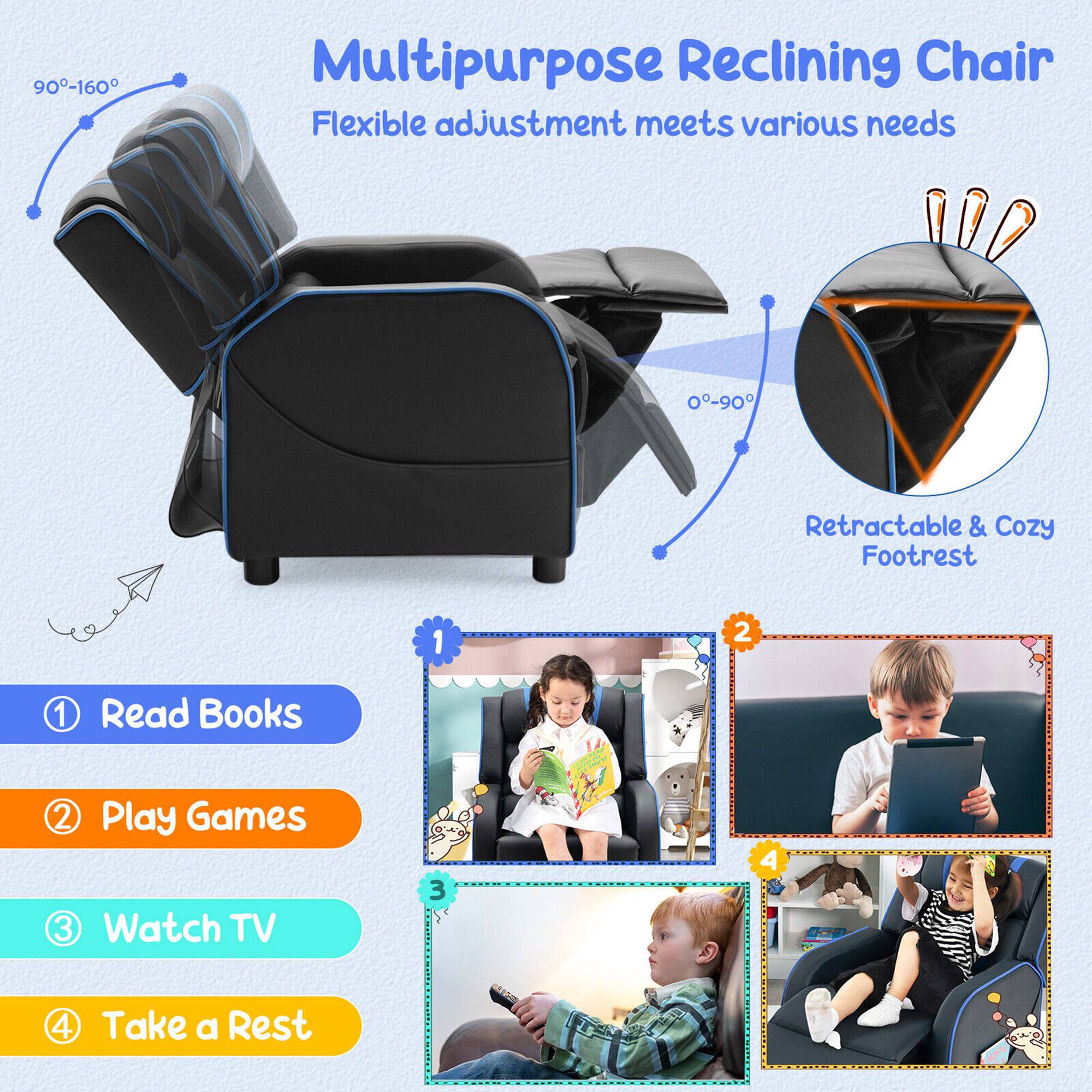 Multipurpose Reclining Chair  
Flexible adjustment meets various needs  

90°-160°  
0°-90°  

Retractable & Cozy Footrest  

1. Read Books  
2. Play Games  
3. Watch TV  
4. Take a Rest