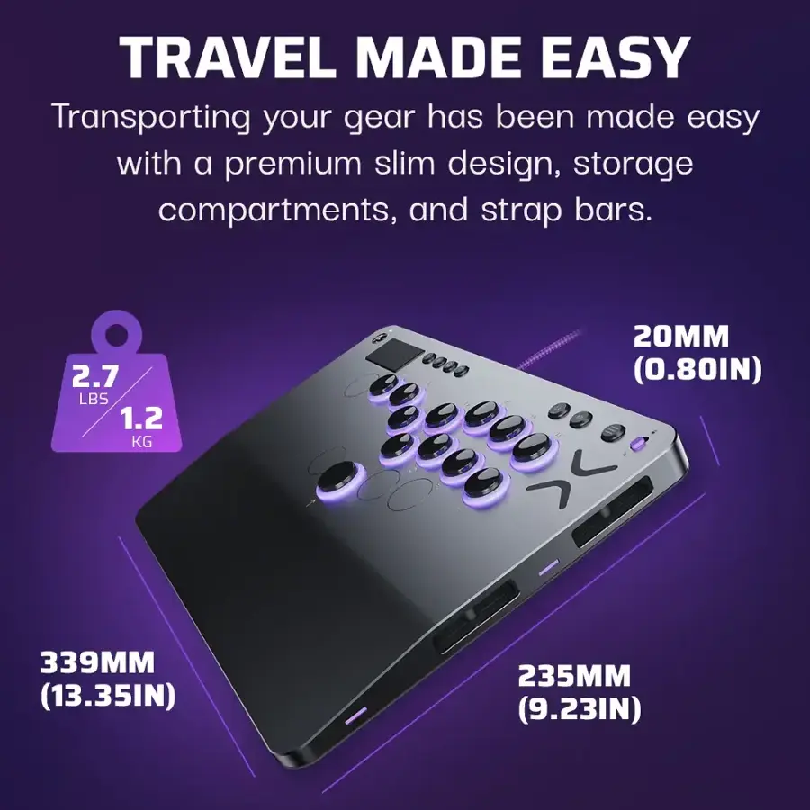 Travel Made Easy: Transporting your gear has been made easy with a premium slim design, storage compartments, and strap bars. 2.7 LBS (1.2 KG) 0 - 20MM (0.80IN) 339MM (13.35IN) 235MM (9.23IN)