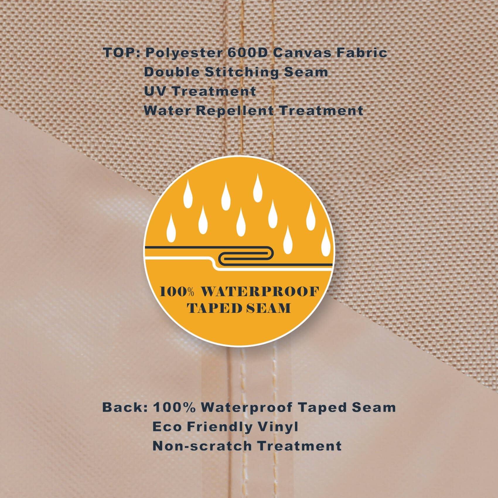 **TOP:**
- Polyester 600D Canvas Fabric
- Double Stitching Seam
- UV Treatment
- Water Repellent Treatment

**100% WATERPROOF TAPED SEAM**

**Back:**
- 100% Waterproof Taped Seam
- Eco Friendly Vinyl
- Non-scratch Treatment