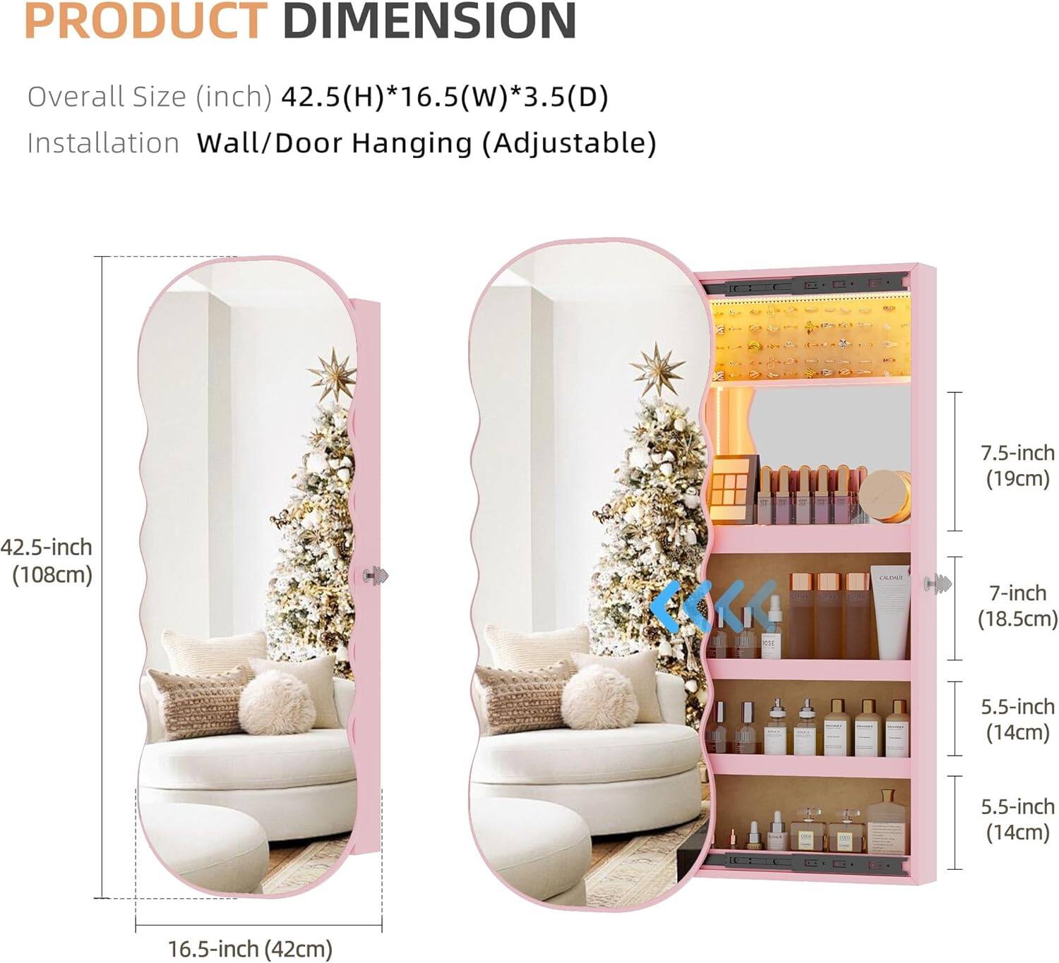 **PRODUCT DIMENSION**

- **Overall Size (inch):** 42.5(H) * 16.5(W) * 3.5(D)
- **Installation Wall/Door Hanging (Adjustable):**
  - 7.5-inch (19cm)
  - 7-inch (18.5cm)
  - 5.5-inch (14cm)
  - 5.5-inch (14cm)
- **Dimensions:**
  - 42.5-inch (108cm)
  - 16.5-inch (42cm)