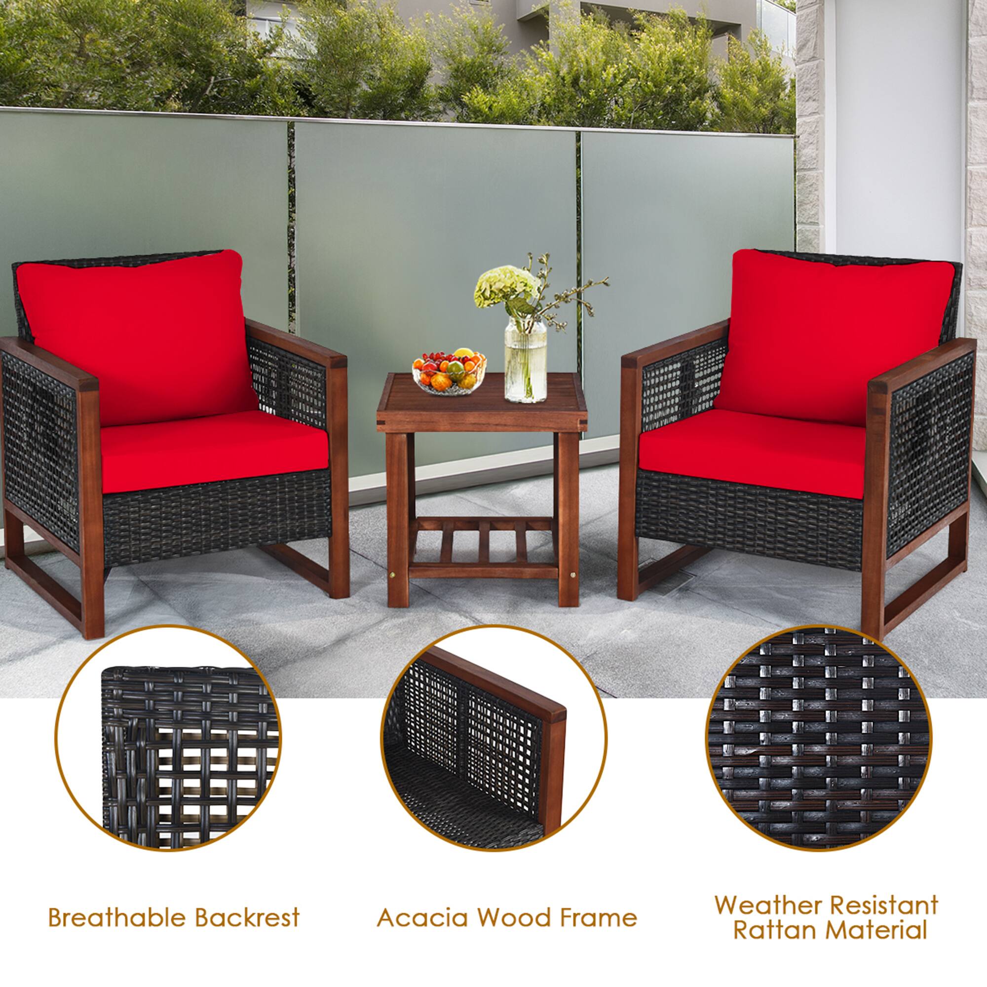 Breathable Backrest  
Acacia Wood Frame  
Weather Resistant Rattan Material