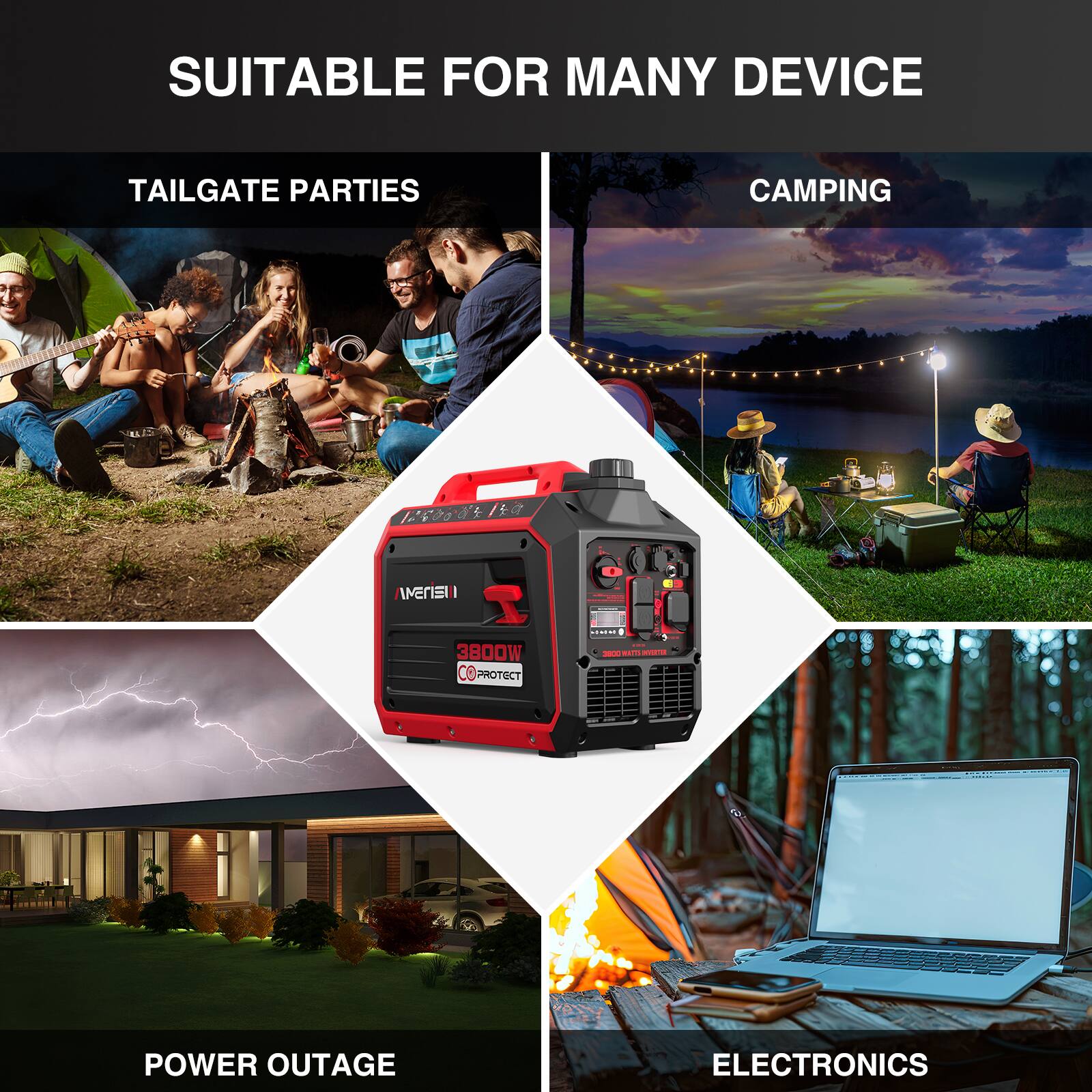 SUITABLE FOR MANY DEVICE

TAILGATE PARTIES

CAMPING

POWER OUTAGE

ELECTRONICS
