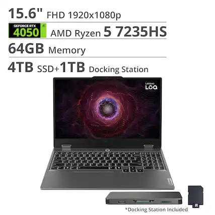 15.6" FHD 1920x1080p
GEFORCE RTX 4050
AMD Ryzen 5 7235HS
64GB Memory
4TB SSD + 1TB Docking Station
Lenovo LOQ
*Docking Station Included