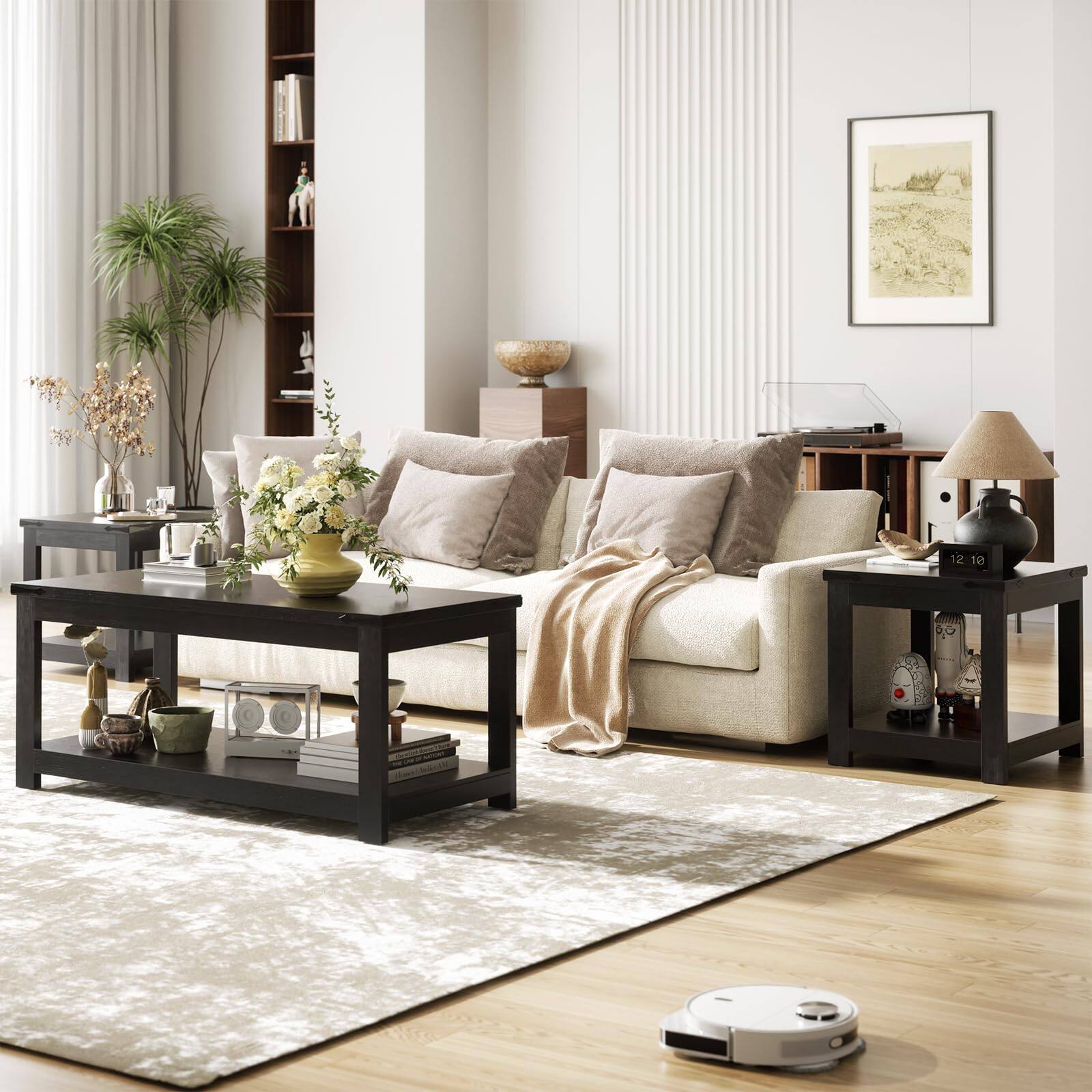 Alt View 2. Aheaplus - 2-Piece 20" Square Side Tables + 43.3" Rectangular Coffee Table Set, with Storage,Ships in 2 packages - Black.