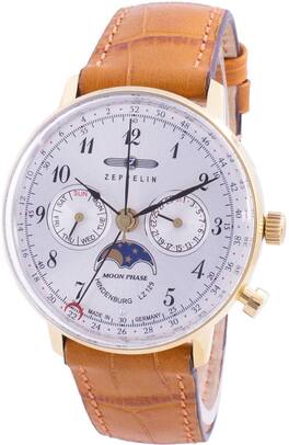 Zeppelin - Hindenburg LZ129 7039-1 70391 Quartz Moon Phase Women's Watch 30M - Brown, White