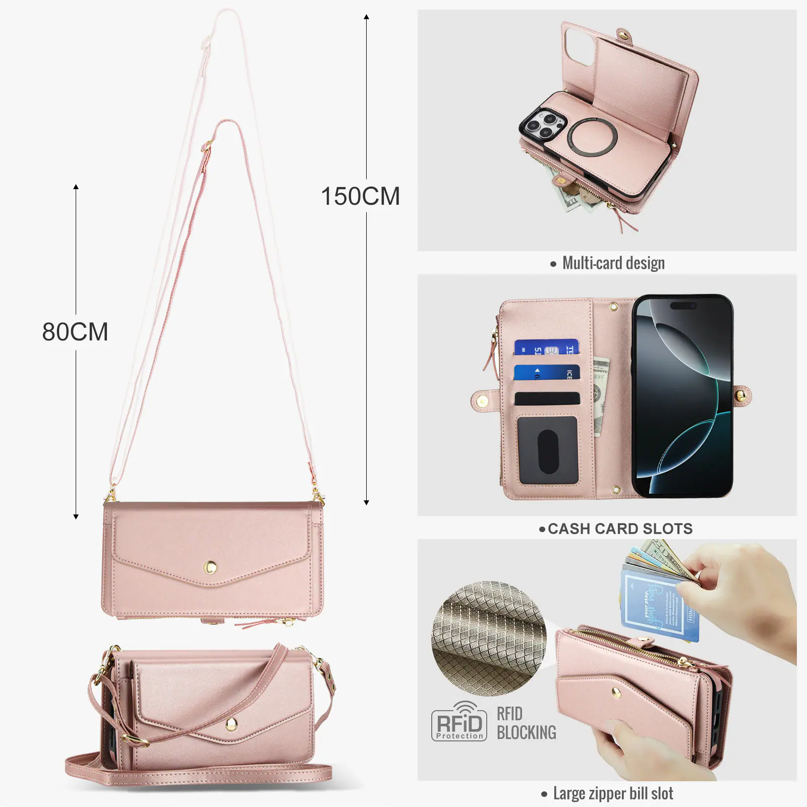 150CM Multi-card design  
80CM  
CASH CARD SLOTS  
RFID BLOCKING  
Large zipper bill slot