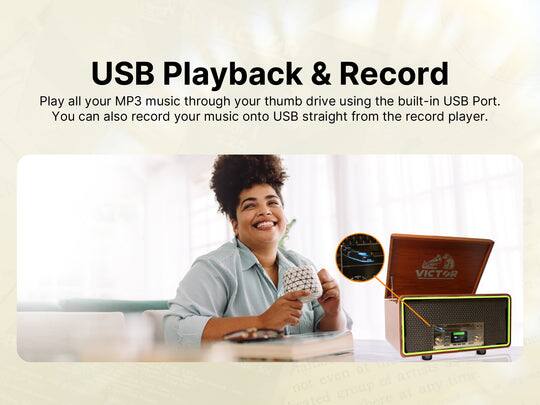 USB Playback & Record

Play all your MP3 music through your thumb drive using the built-in USB Port. You can also record your music onto USB straight from the record player.
