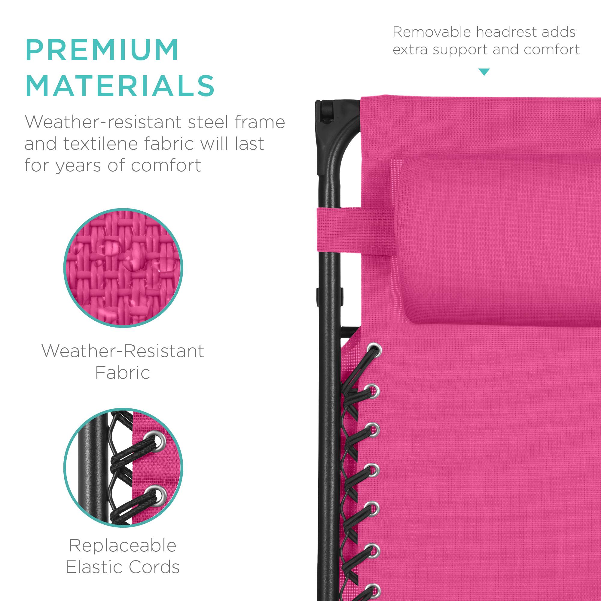 PREMIUM MATERIALS

Weather-resistant steel frame and textilene fabric will last for years of comfort

Weather-Resistant Fabric

Replaceable Elastic Cords

Removable headrest adds extra support and comfort