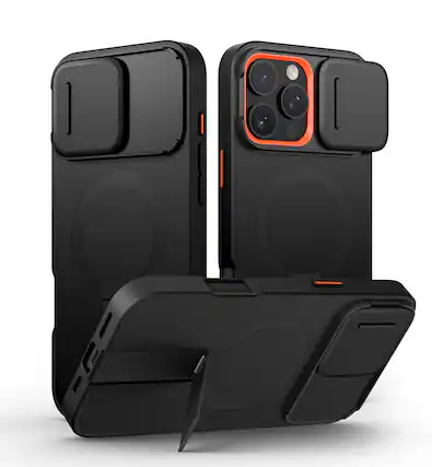 Front. SURITCH - Bumper Case for iPhone 16 Pro Max with Camera Cover, Compatible with MagSafe,Kickstand, Shockproof Slim Protective Cover - Aurora Black.