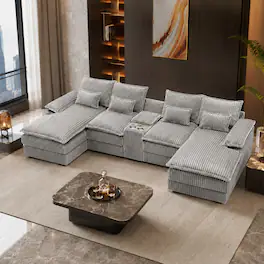 Anysun - 120" U-Shaped Sofa with Center Console Coffee Table & USB Ports – Includes 4 Pillows – Ideal for Spacious Living Rooms - Light Gray