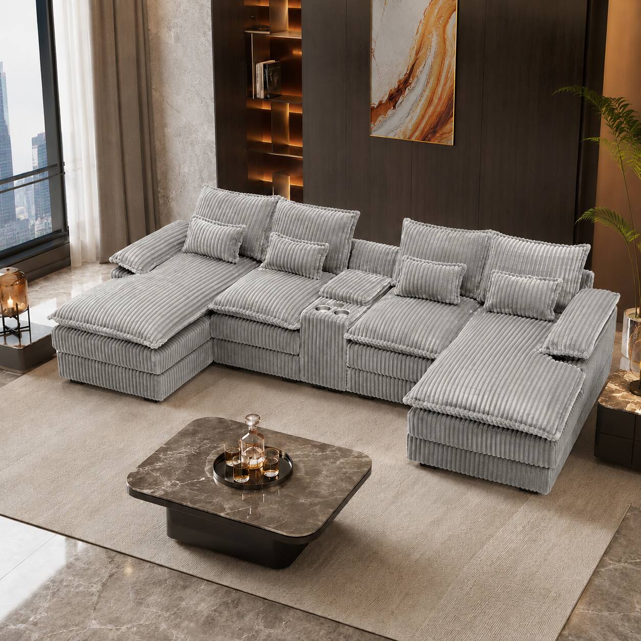 Front. Anysun - 120" U-Shaped Sofa with Center Console Coffee Table & USB Ports – Includes 4 Pillows – Ideal for Spacious Living Rooms - Light Grey.