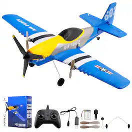 Topteng - P51 3CH RC Airplane with 6-Axis Gyro Stabilizer - 2.4GHz Remote, 2 Batteries, EPP Foam, 20min Flight, Beginner-Friendly