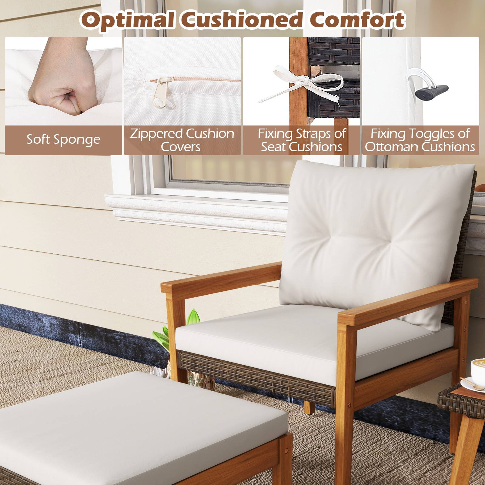 Optimal Cushioned Comfort: Zippered Cushion, Fixing Straps of Fixing Toggles, Soft Sponge Covers, Seat Cushions, Ottoman Cushions.