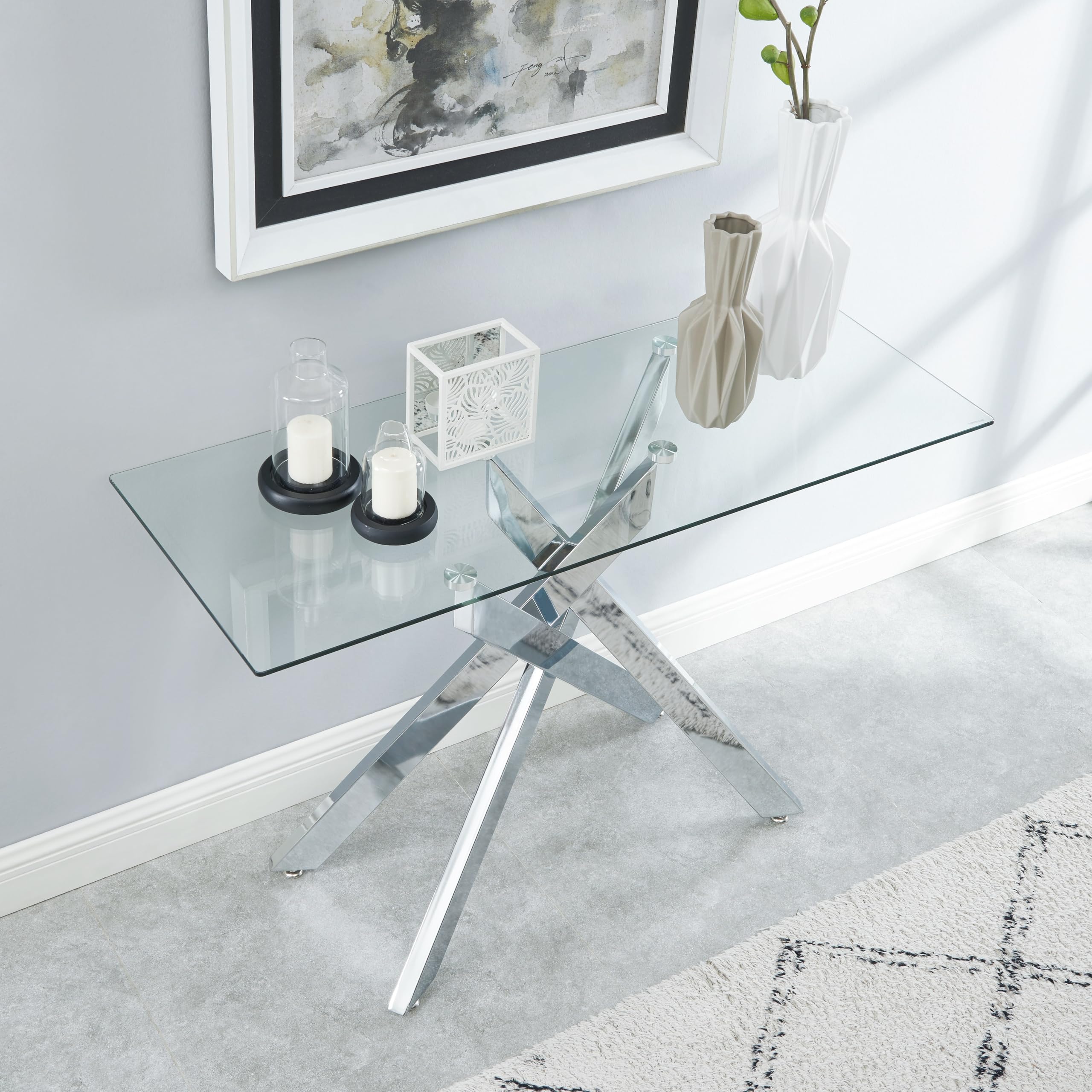 Alt View 5. JETRANSPORT - Modern Style Console Table Narrow Sofa With Tempered Glass Top And Metal Tubular  45" Lx18 Wx30 H - Silver.