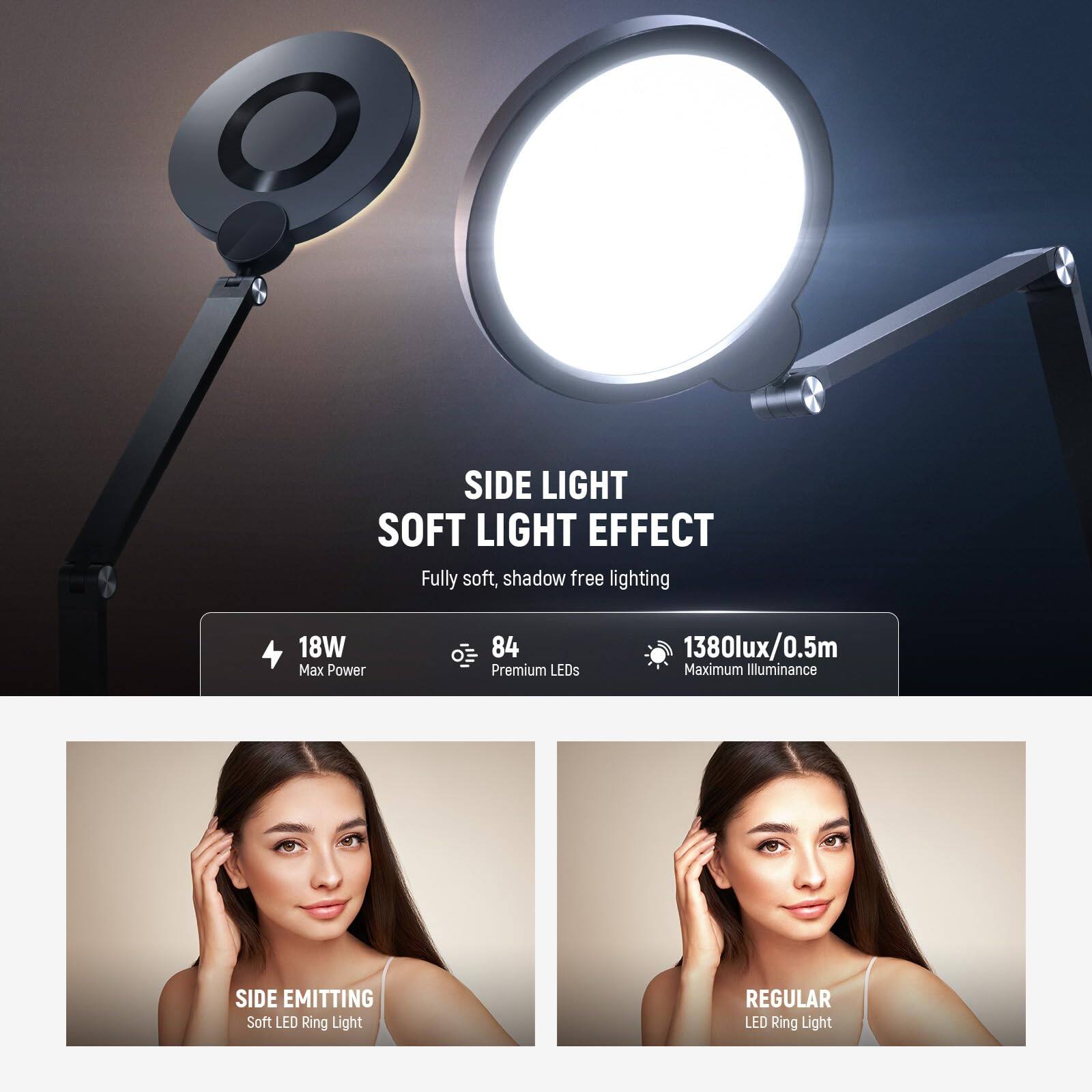 SIDE LIGHT  
SOFT LIGHT EFFECT  
Fully soft, shadow free lighting  

18W  
Max Power  

84  
Premium LEDs  

1380lux/0.5m  
Maximum Illuminance  

SIDE EMITTING  
Soft LED Ring Light  

REGULAR  
LED Ring Light