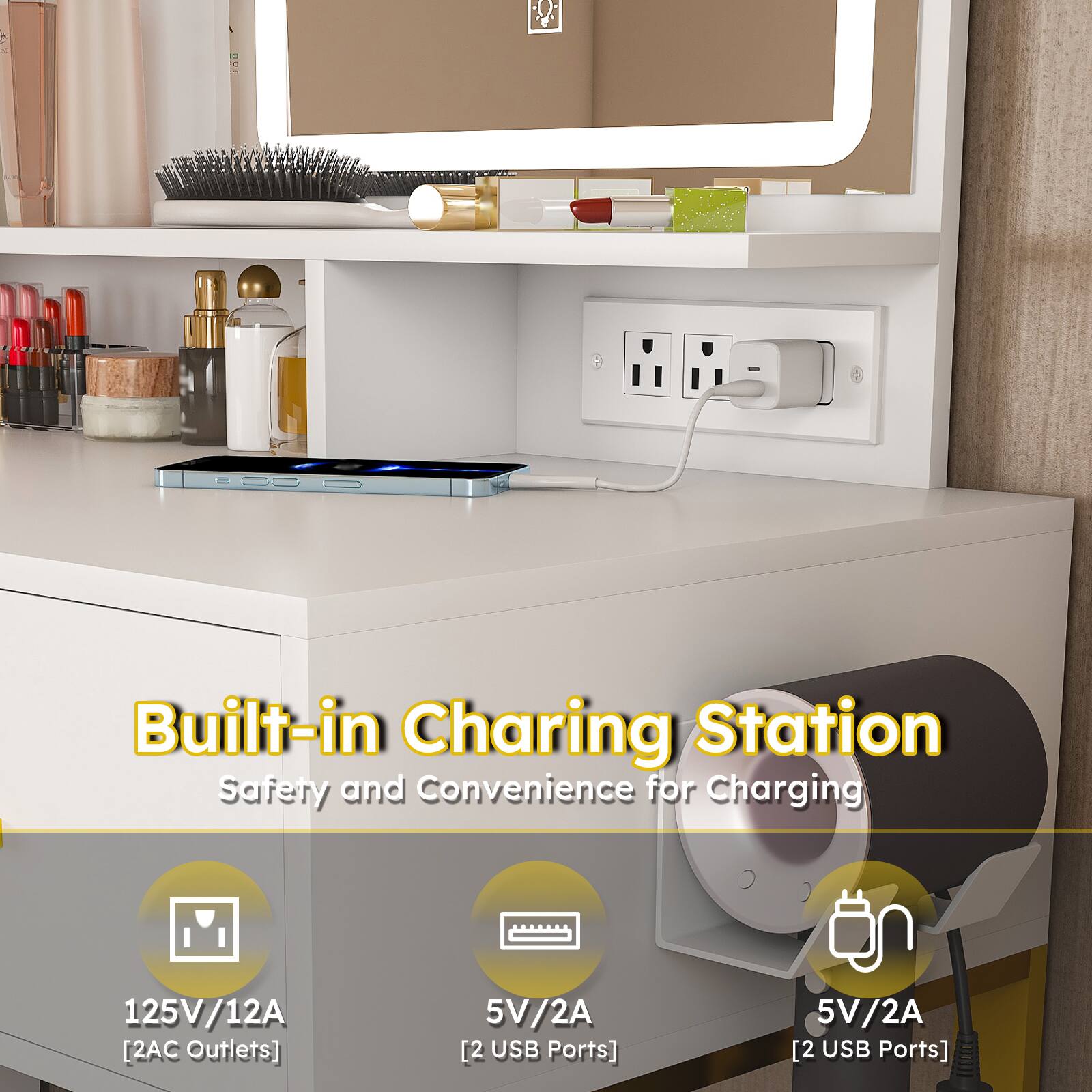 Built-in Charging Station  
Safety and Convenience for Charging  

125V/12A [2 AC Outlets]  
5V/2A [2 USB Ports]  
5V/2A [2 USB Ports]