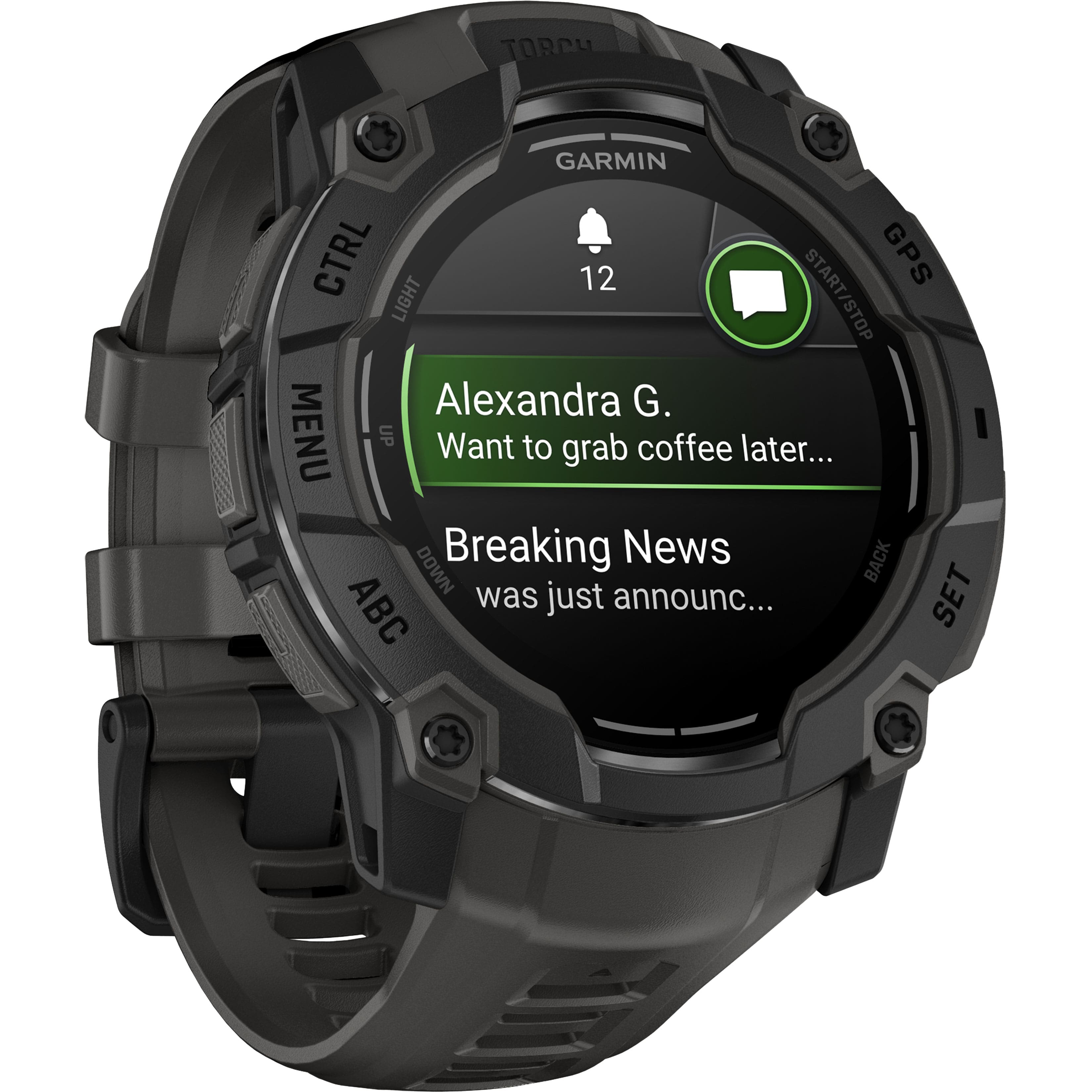 The text on the image is grouped as follows:
1. "TORCY GARMIN CTRL 12 START GPS LIGHT START/STOP STOP" - This is a description of the watch's features.
2. "Alexandra G." - This is a name or a personal message.
3. "Want to grab coffee later... Breaking News" - This is a message or a reminder.
4. "SET ABC was just announced..." - This is a message or a reminder.
The corrected text would be:
1. "Torcy Garmin CTRL 12 Start GPS Light Start/Stop Stop" - This is a description of the watch's features.
2. "Alexandra G." - This is a name or a personal message.
3. "Want to grab coffee later... Breaking News" - This is a message or a reminder.
4. "SET ABC was just announced..." - This is a message or a reminder.