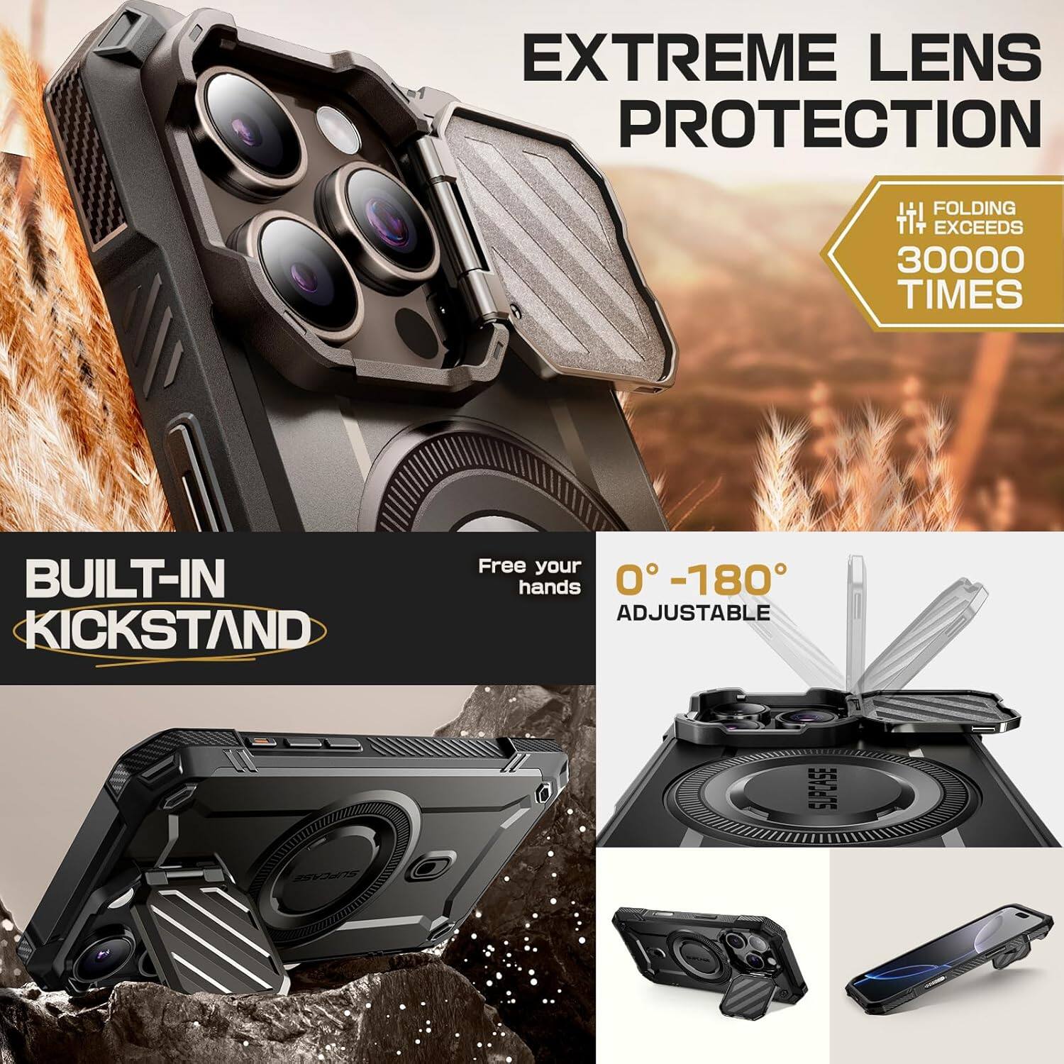 EXTREME LENS PROTECTION + FOLDING TIE EXCEEDS 30000 TIMES, BUILT-IN KICKSTAND, Free your hands, 0 -180 ADJUSTABLE SUPCASE BV