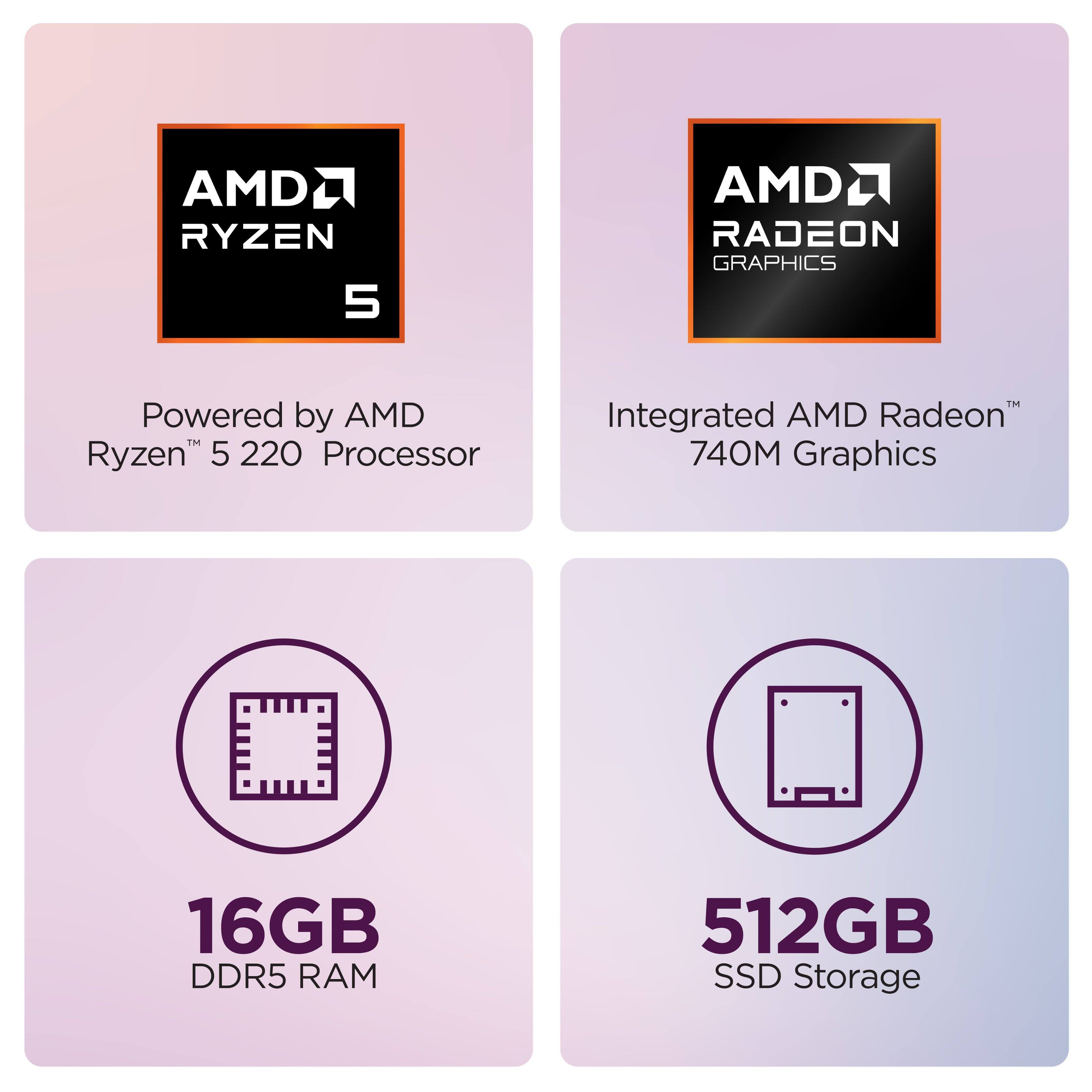 - Powered by AMD Ryzen™ 5 220 Processor
- Integrated AMD Radeon™ 740M Graphics
- 16GB DDR5 RAM
- 512GB SSD Storage