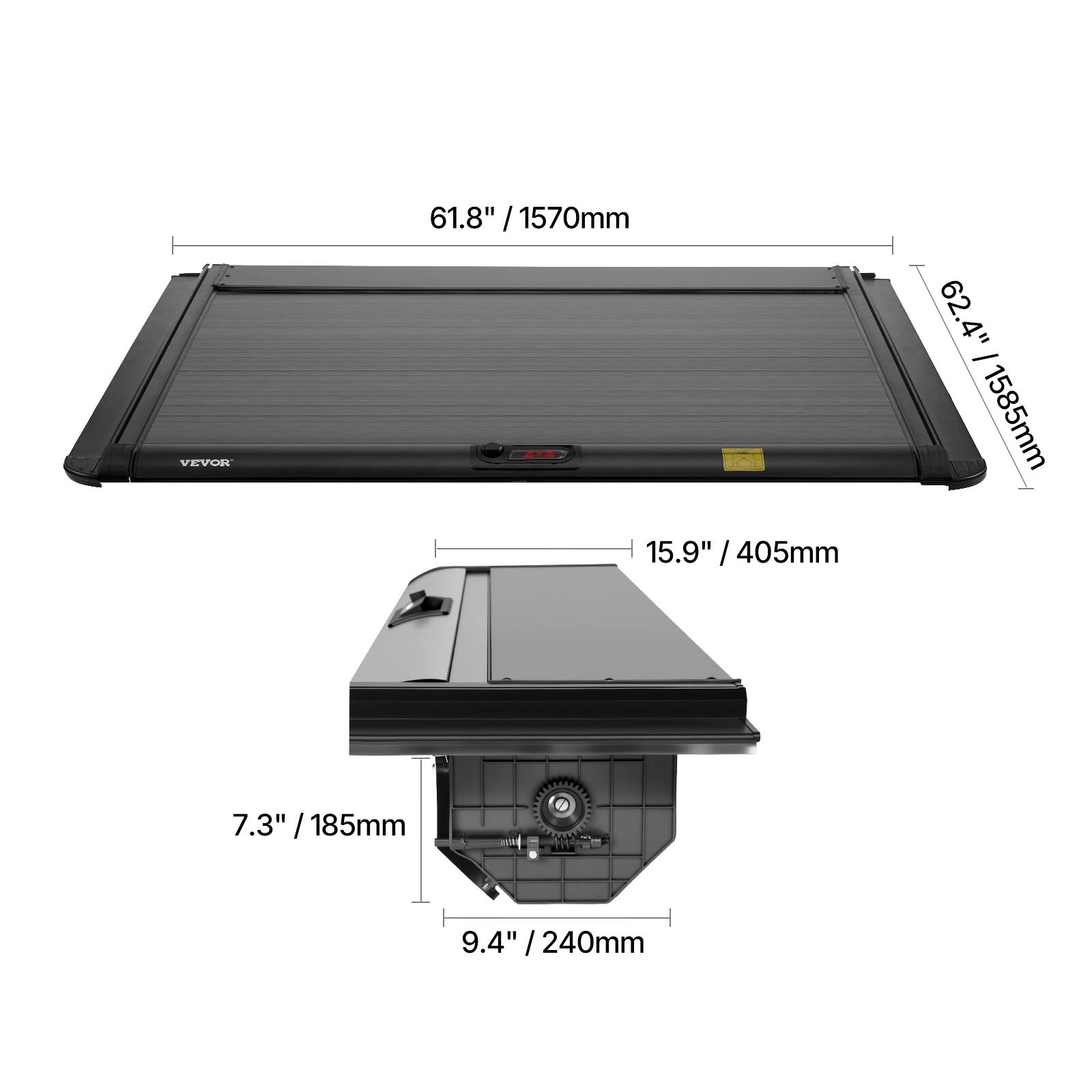 VEVOR 61.8" / 1570mm  
62.4" / 1585mm  
15.9" / 405mm  
7.3" / 185mm  
9.4" / 240mm