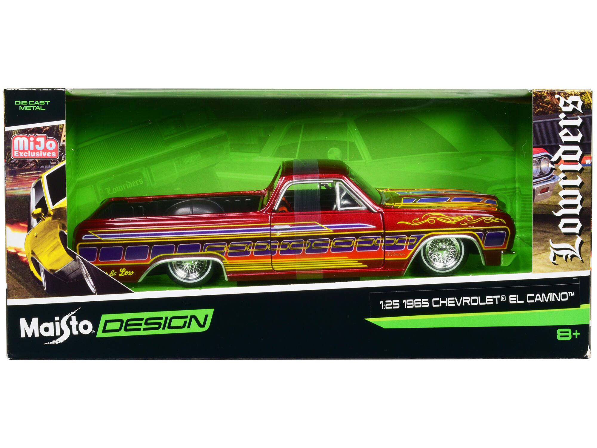 DIE-CAST METAL  
MiJo Exclusives - Lowriders & Low  
Maisto  
DESIGN  
W0 Eomino Lowriders  
CHEVROLET EL CAMINO™  
1:25  
1965  
8+