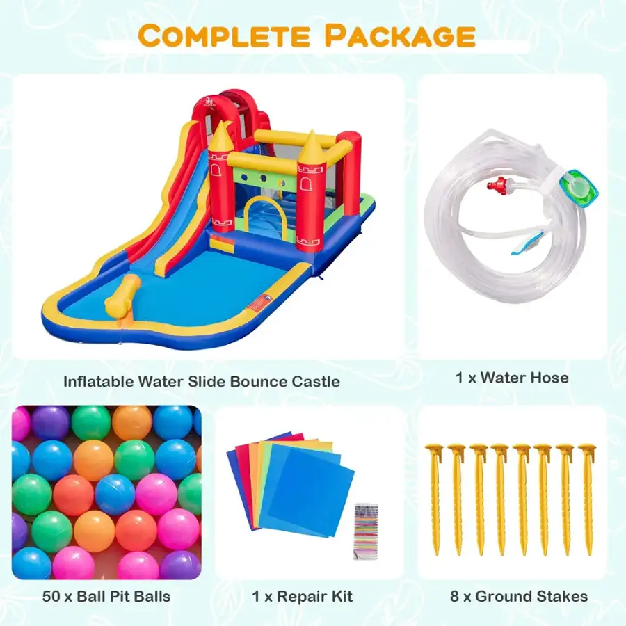 COMPLETE PACKAGE: Inflatable Water Slide Bounce Castle, 1 x Water Hose, 50 x Ball Pit Balls, 1 x Repair Kit, 8 x Ground Stakes.