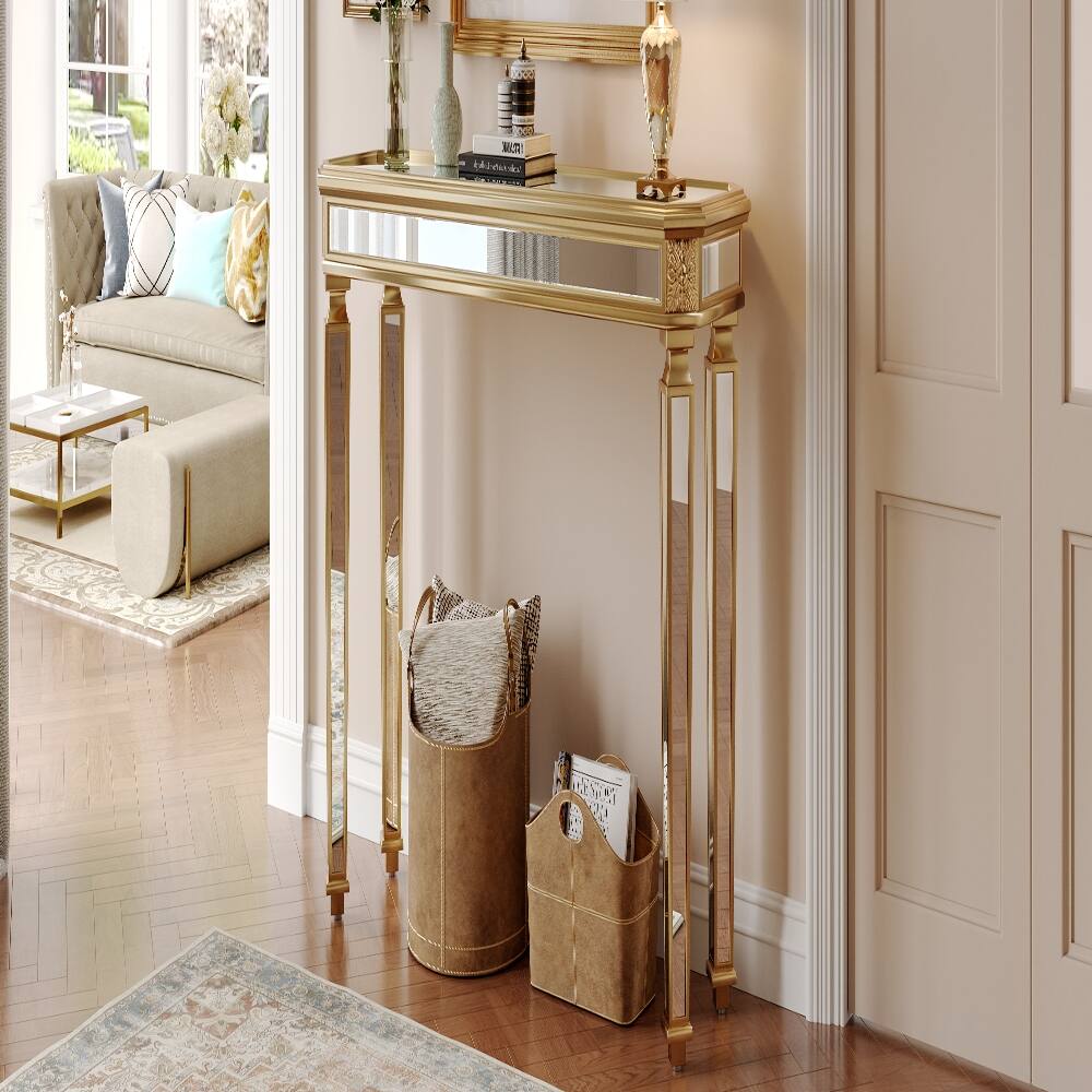 Alt View 3. Loheer - Loheer Gold Mirrored Console Table, Vintage Wood Carved Entryway Table, 48 Inch Living Room Console - Gold.