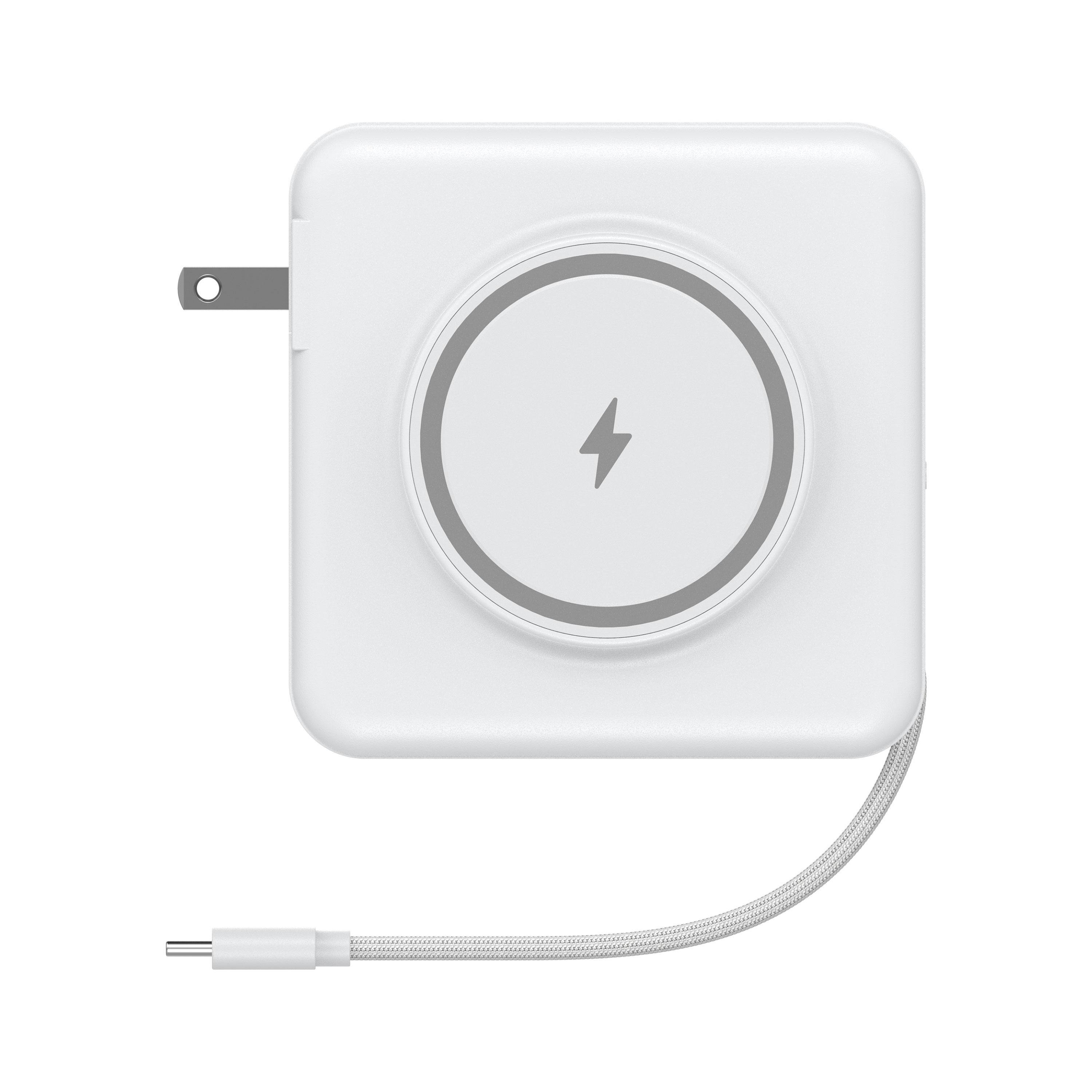 Back. AXS - 4-in-1 Travel Powerbank with Qi2 Wireless Charger - White.