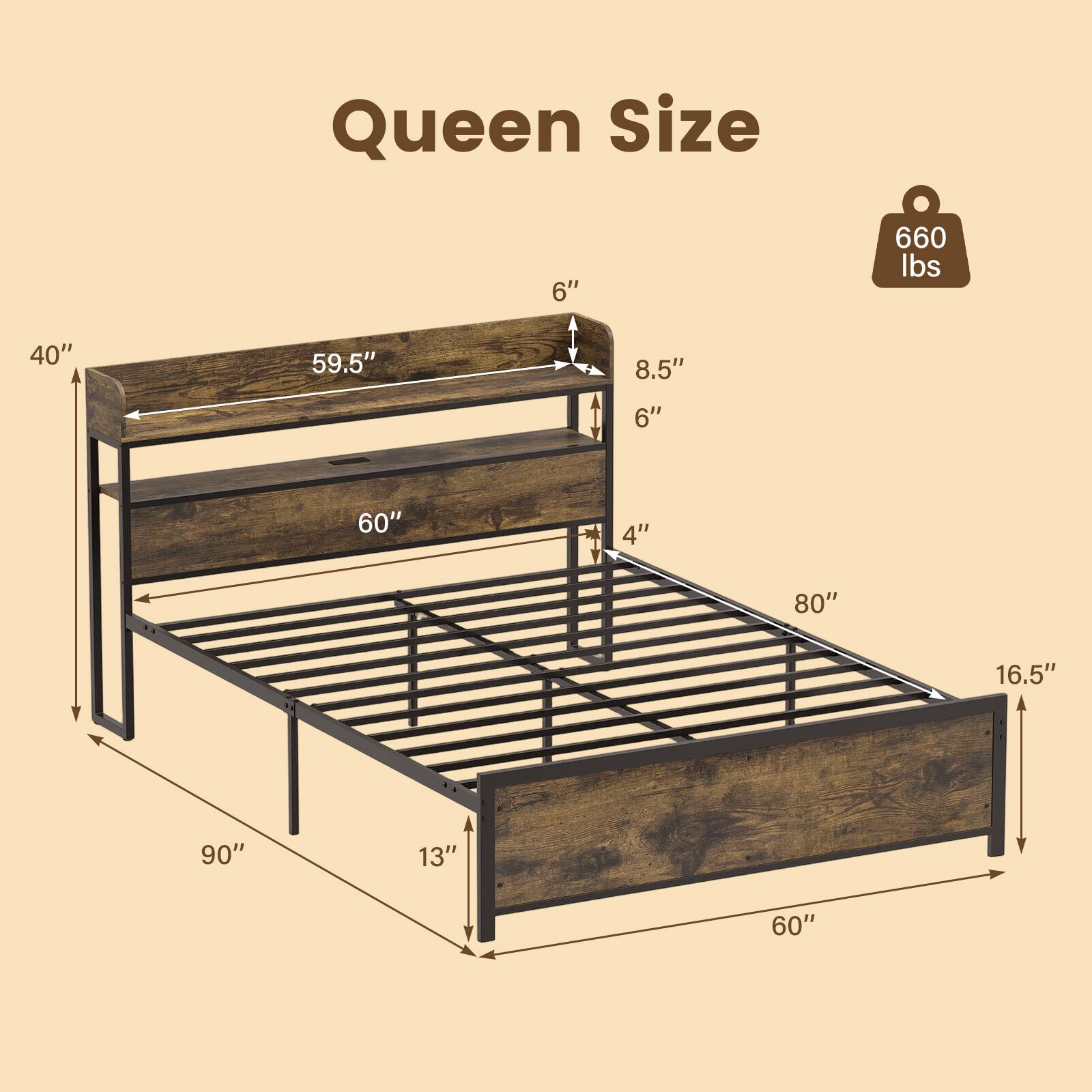 Queen Size  
660 lbs  
40" x 59.5" x 8.5" x 6" x 60" x 4" x 80" x 16.5" x 90" x 13" x 60"
