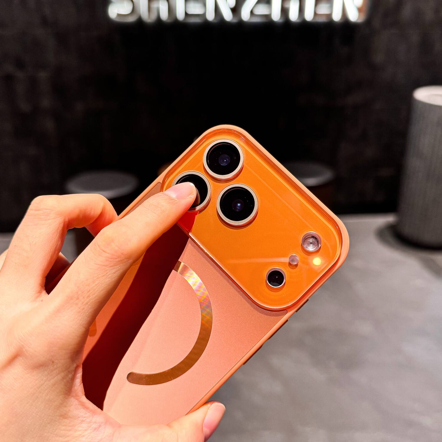 Angle. Dteck - Magnetic Case for Apple iPhone 17 Pro Max,Mag Safe Compatible,Shockproof Matte Back Cover with Integrated Lens Protector - Gold.