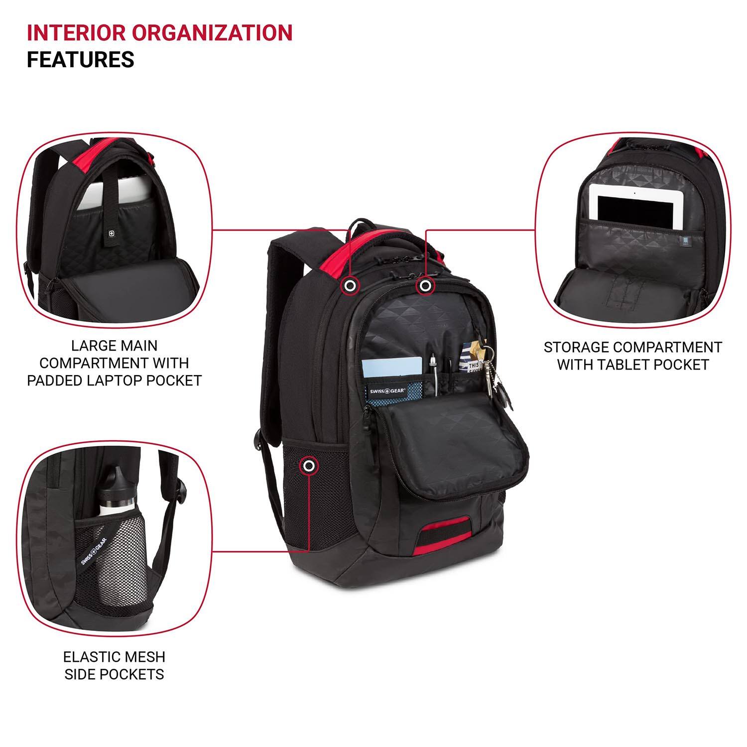 INTERIOR ORGANIZATION FEATURES

- LARGE MAIN COMPARTMENT WITH PADDED LAPTOP POCKET
- STORAGE COMPARTMENT WITH TABLET POCKET
- ELASTIC MESH SIDE POCKETS