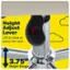 The image features a yellow background with a black and silver object in the center. The object is a height adjust lever, which is designed to lift or lower the seat. The height range of the lever is 3.75 inches, making it suitable for various seating needs.