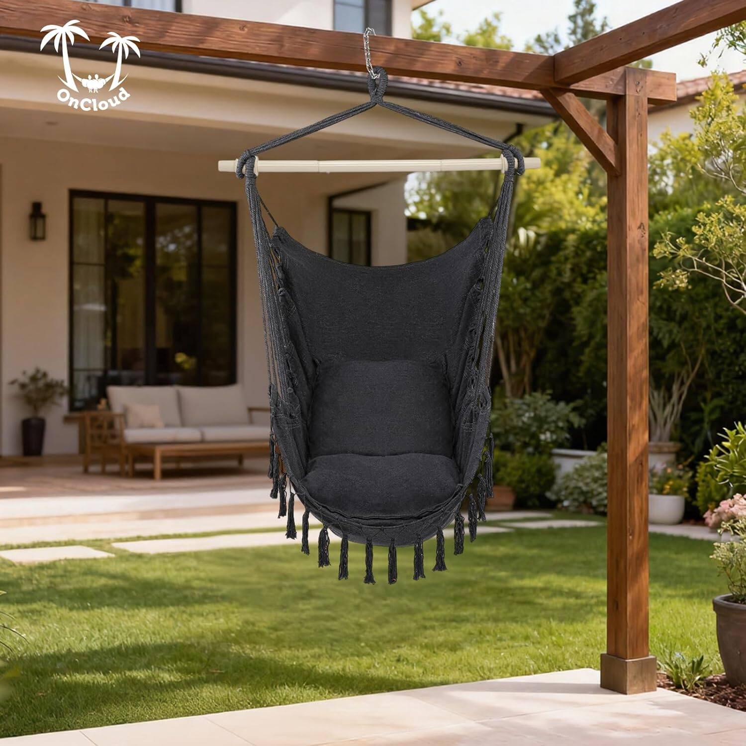 Alt View 7. Winado - Hanging Rope Swing Hammock Chair Macrame Hammock Swing Seat w/ 2 Cushions, Steel Spreader Bar, Tassels for In/Outdoor - Dark Gray.