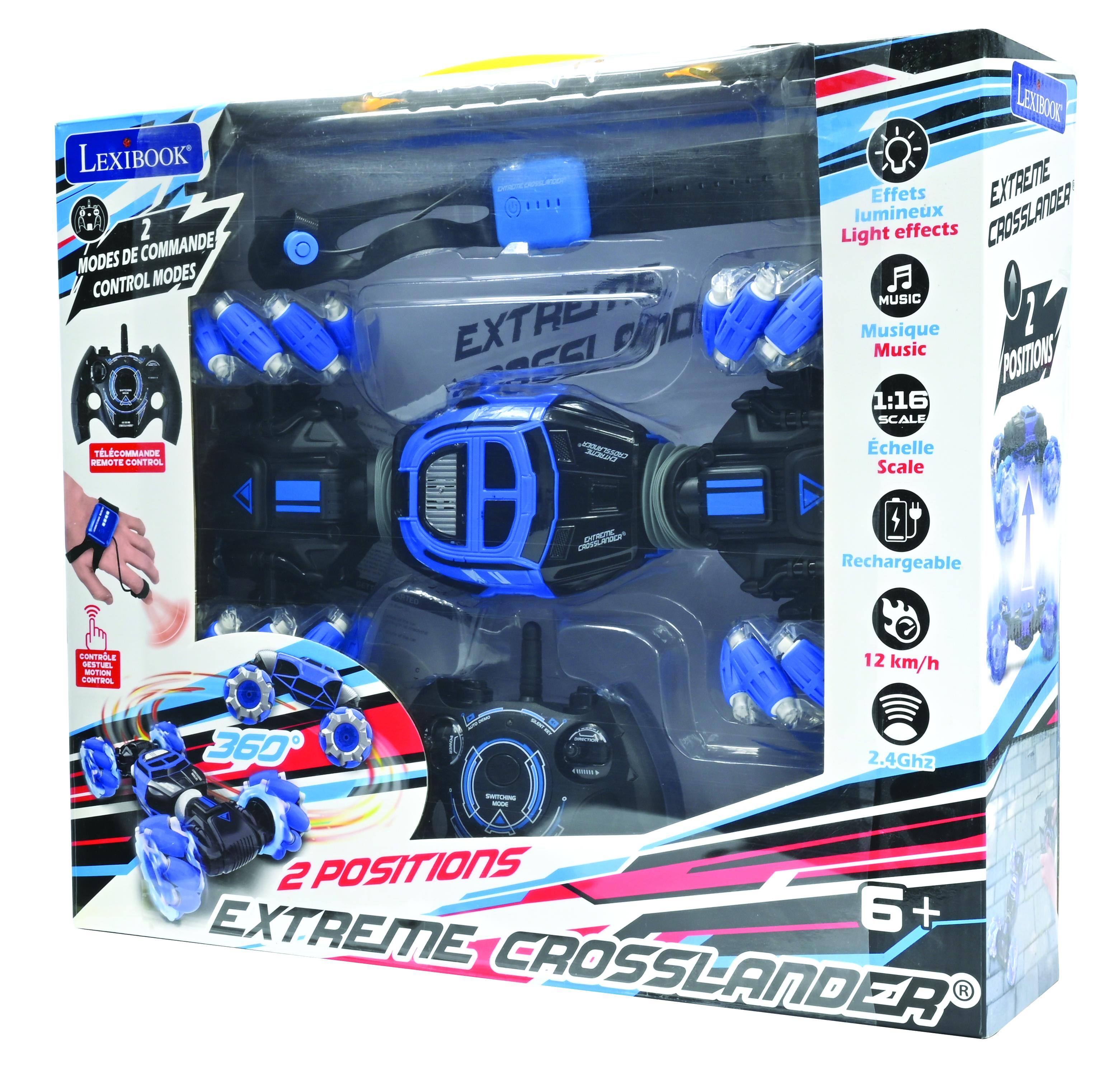 LEXIBOOK  
2 MODES DE COMMANDE  
CONTROL MODES  
TLCOMMANDE  
PEMUTE CONTRA ..EA  
EXTRETE DSCCI CM  
LEiBOn  
Effets lumineux  
Light effects  
MUSIC  
Musique  
2 Music  
POSTIONS  
1:16 SCALE  
Echelle Scale  
CTLIAZ  
CTE  
Rechargeable  
CONTaiLE  
MEETIAL  
MUTm  
CONIRL  
12 km/h  
360  
2.4Ghz  
-ddas  
2 POSITIONS  
EXTREME  
6+  
CROSSLANDER