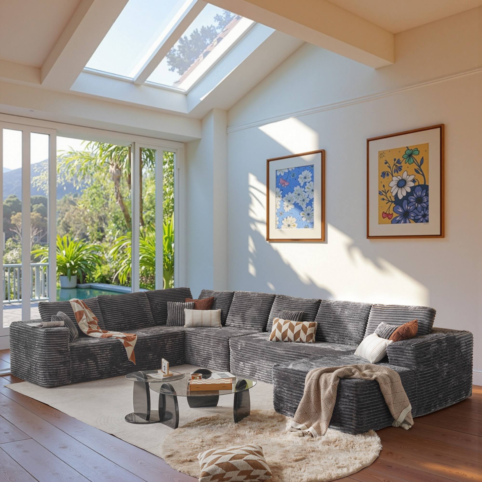 Ovios - 165" Modular Sectional Sofa with Chaise, Plush L-Shaped Couch for Living Room - Grey(A1)