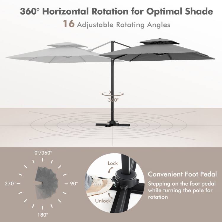 360° Horizontal Rotation for Optimal Shade  
16 Adjustable Rotating Angles  

0°/360°  
270°  
90°  
180°  

Lock  
Unlock  

Convenient Foot Pedal  
Stepping on the foot pedal while turning the pole for rotation