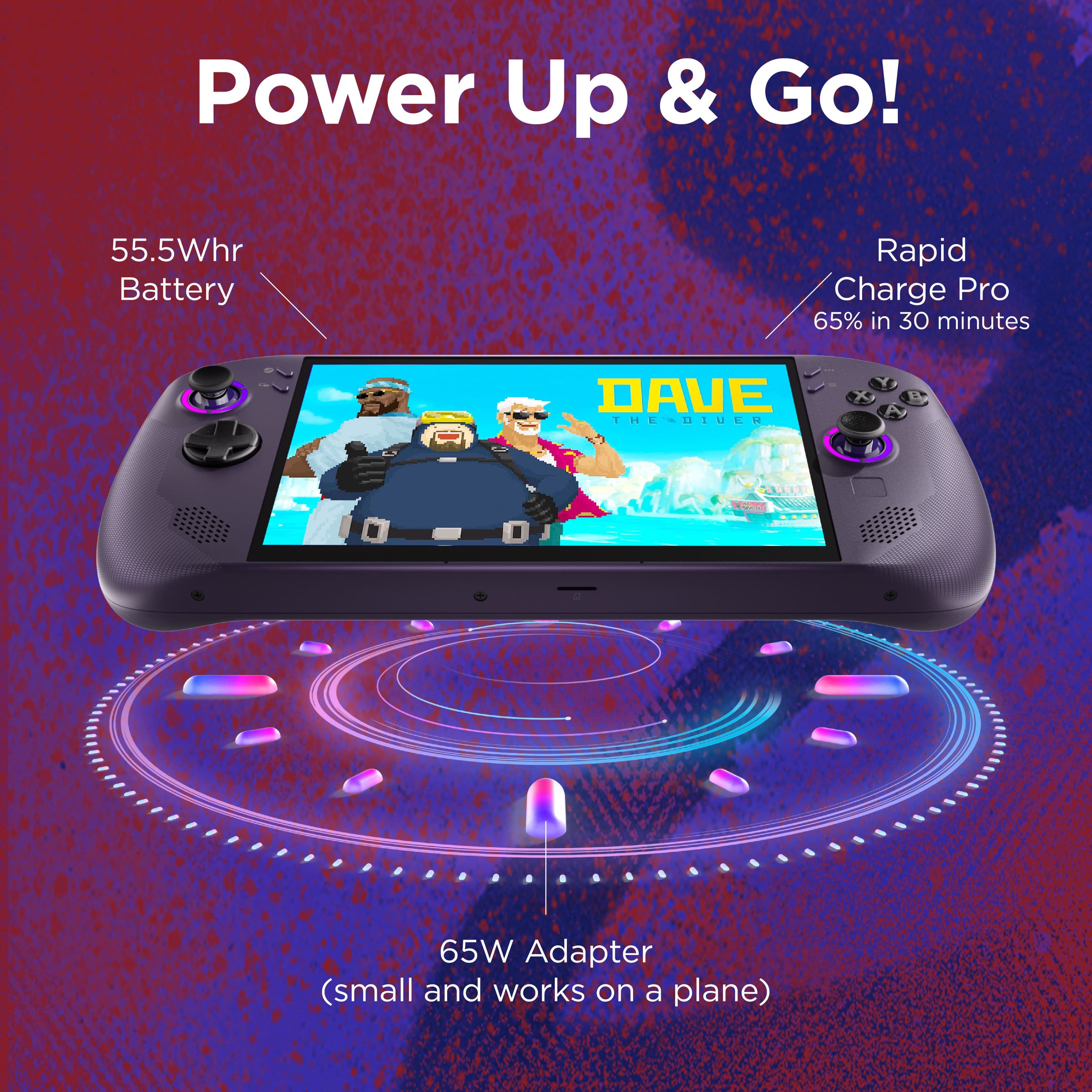 Power Up & Go! 55.5Whr Battery Rapid Charge Pro 65% in 30 minutes DAVE THE HERO Y 1 65W Adapter (small and works on a plane)