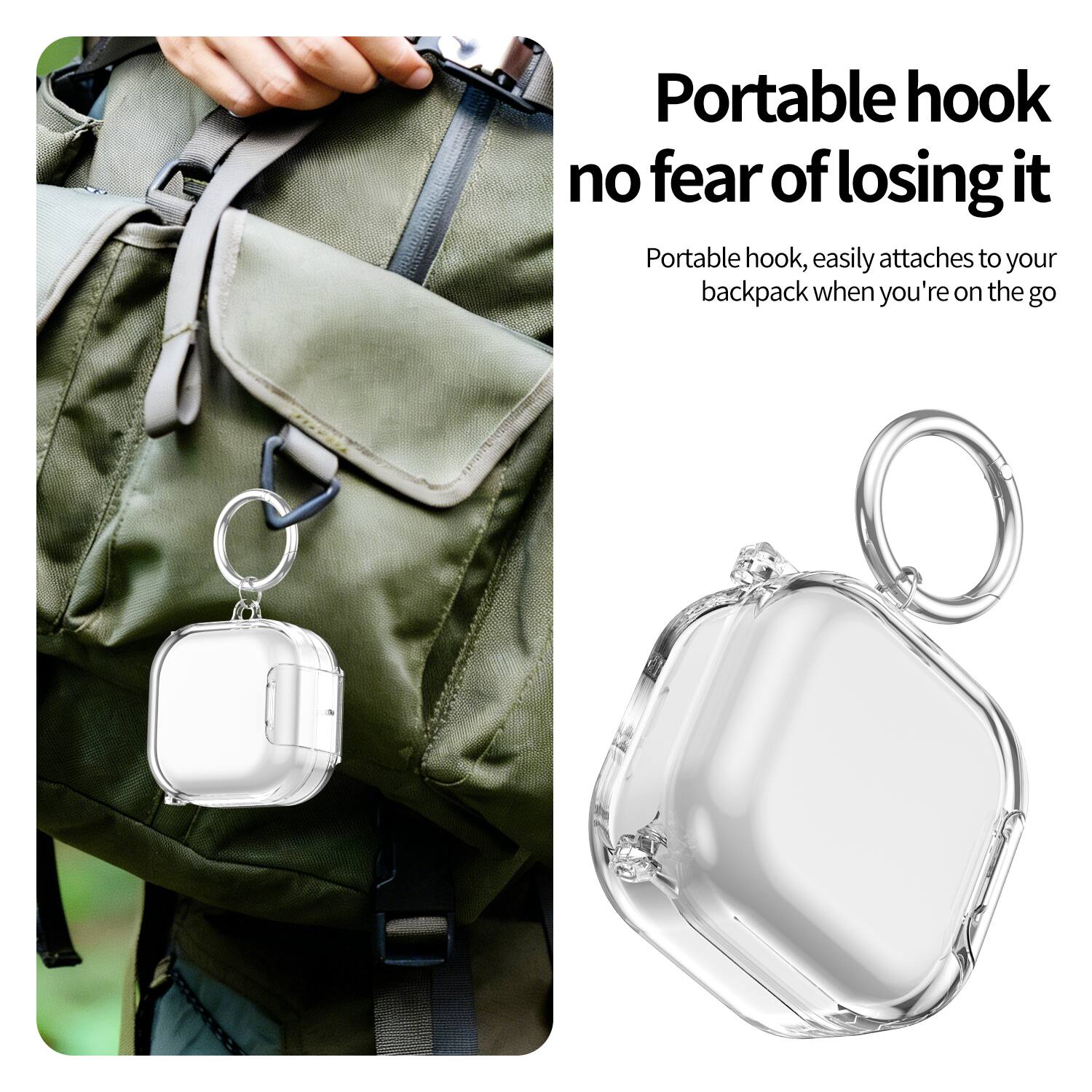 Portable hook no fear of losing it  
Portable hook, easily attaches to your backpack when you're on the go