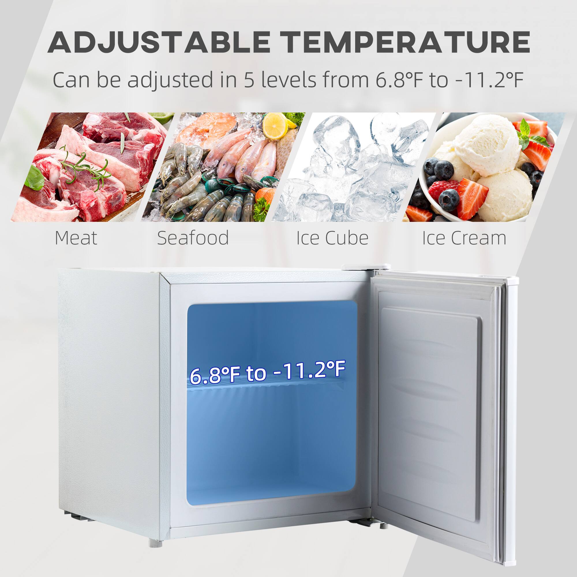 ADJUSTABLE TEMPERATURE  
Can be adjusted in 5 levels from 6.8°F to -11.2°F  

Meat  
Seafood  
Ice Cube  
Ice Cream  

6.8°F to -11.2°F