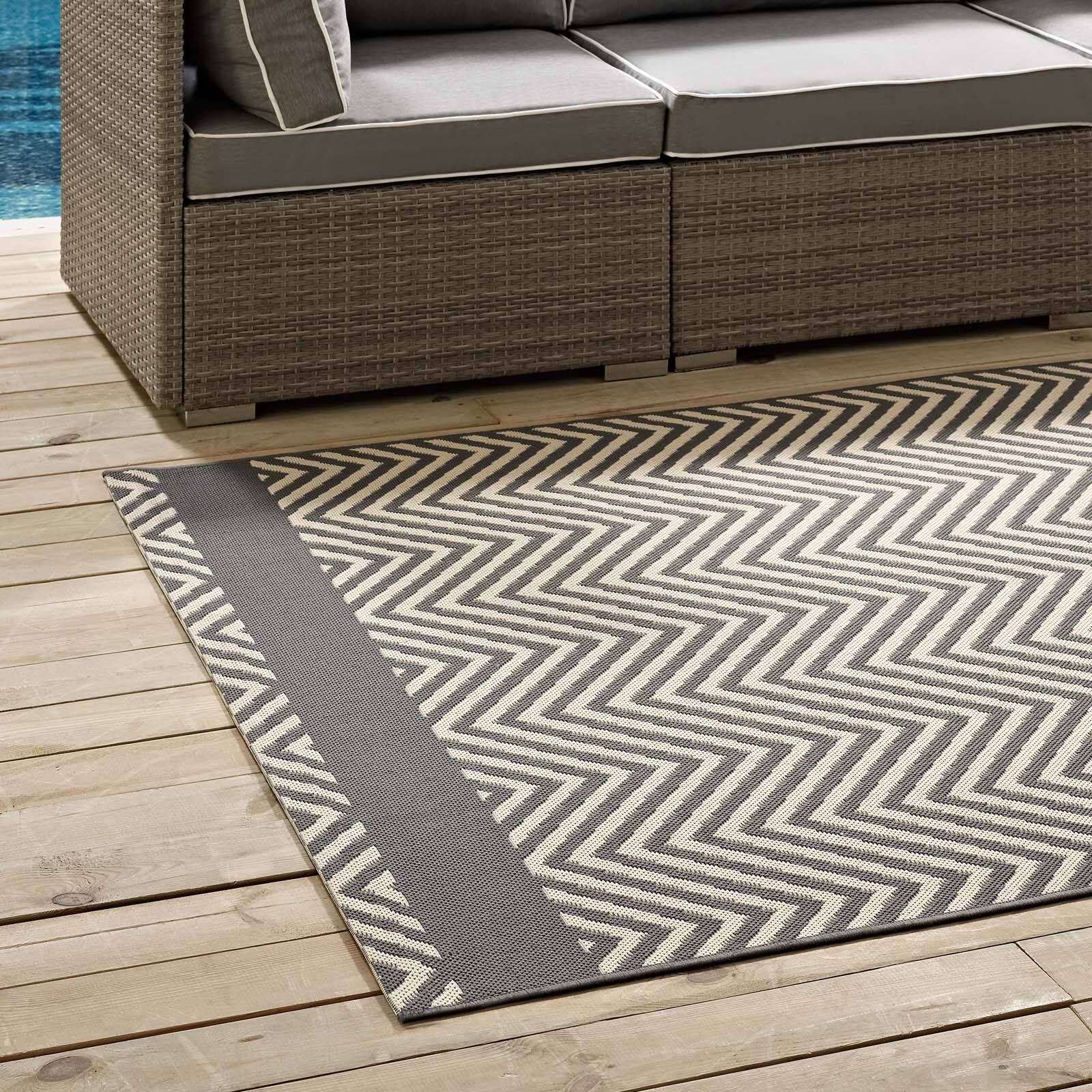 Back. Modway - Optica Chevron With End Borders Indoor and Outdoor Area Rug - Gray and Beige.