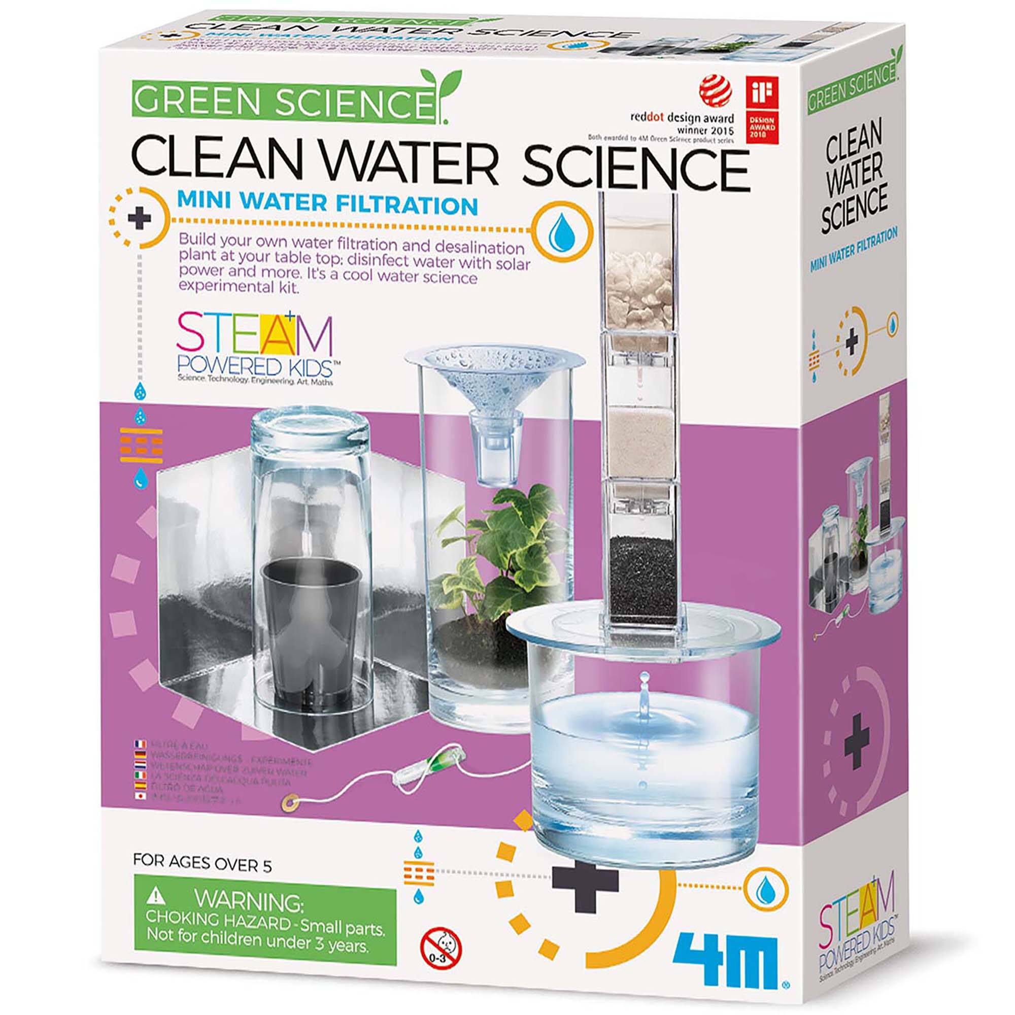 Green Science Clean Water Science Mini Water Filtration Kit, for ages over 5, includes a build-your-own water filtration plant and desalination, solar-powered water disinfection, and a cool water science experimental kit. The kit also includes a Steam Powered Science kit for ages 8 and up, which focuses on technology, engineering, math, and science. The kit is not suitable for children under 3 years old due to small parts that pose a choking hazard.