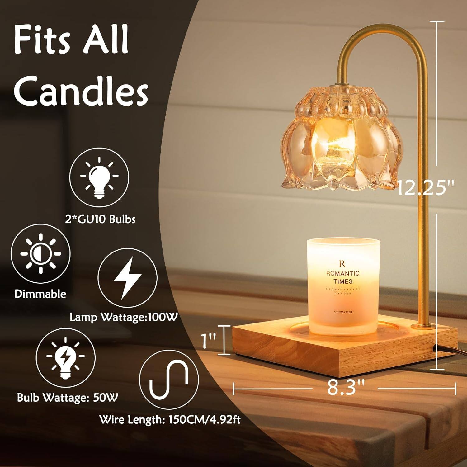 Fits All Candles 12.25" 2*GU10 Bulbs Dimmable R ROMANTIC TIMES Lamp Wattage:100W Bulb Wattage: 50W Wire Length: 150CM/4.92ft - 8.3"