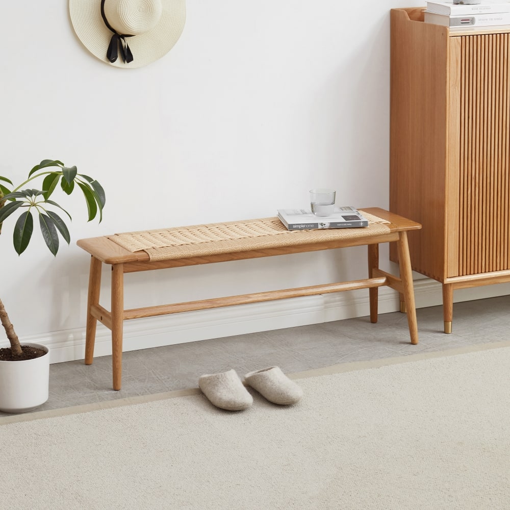 Ropilly - Oak Dining Bench Solid Wood Woven Cane Bed Bench for Entryway and Bedroom - Natural price history on PriceWatchPro
