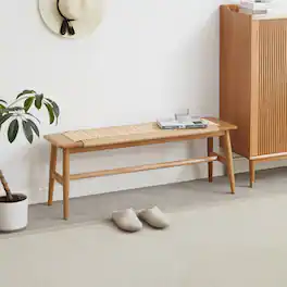 Ropilly - Oak Dining Bench Solid Wood Woven Cane Bed Bench for Entryway and Bedroom - Natural