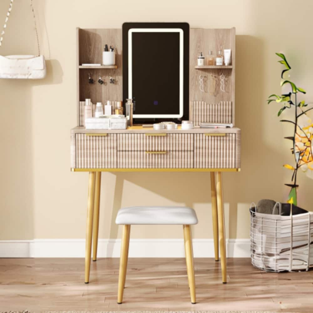 LUCKY ONE - 4-Drawer Vanity Desk with LED Mirror, Fluted Design, Metal Legs and PU Stool for Bedroom - Yellow Brown