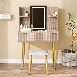 LUCKY ONE - 4-Drawer Vanity Desk with LED Mirror, Fluted Design, Metal Legs and PU Stool for Bedroom - Yellow Brown