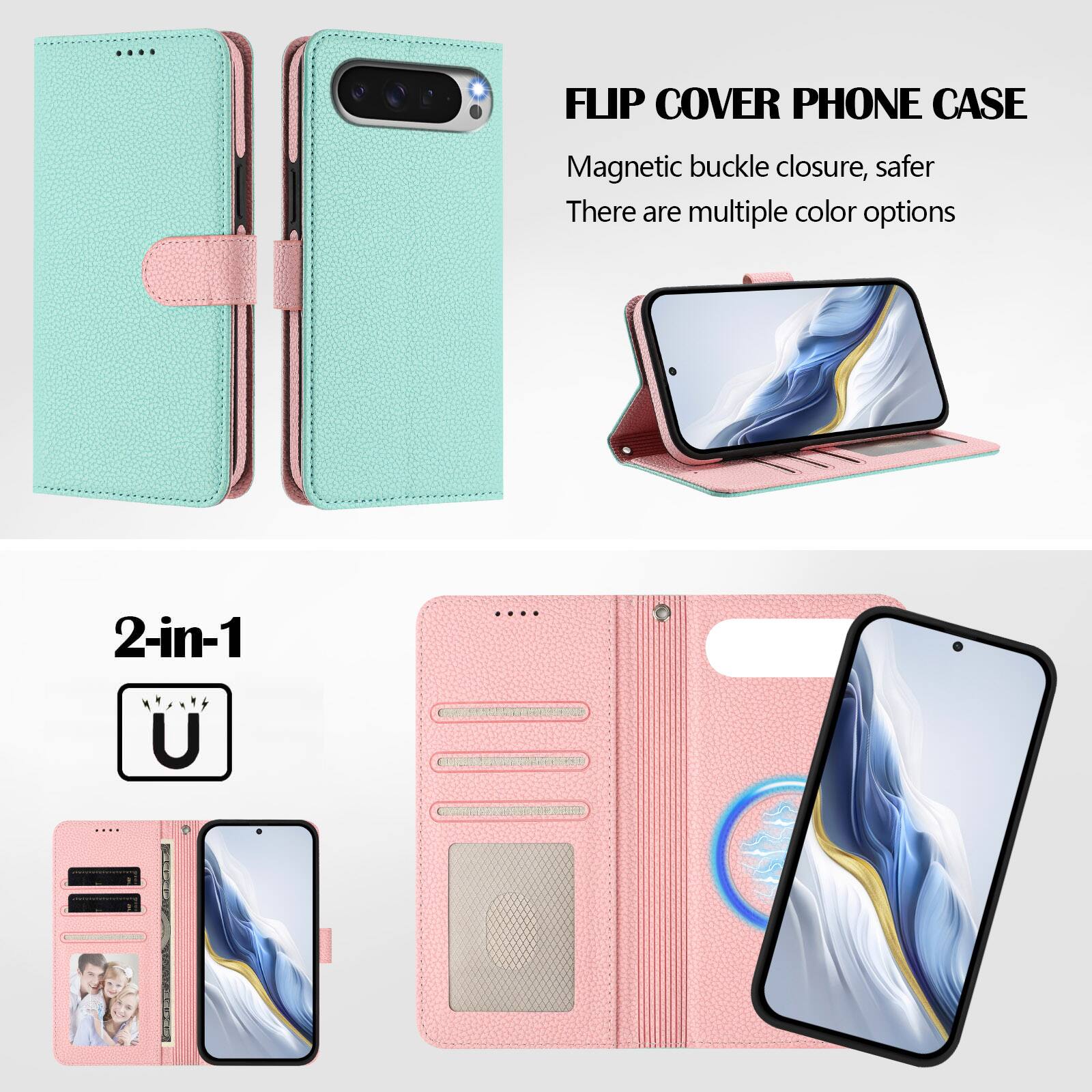 FLIP COVER PHONE CASE  
Magnetic buckle closure, safer  
There are multiple color options  

2-in-1