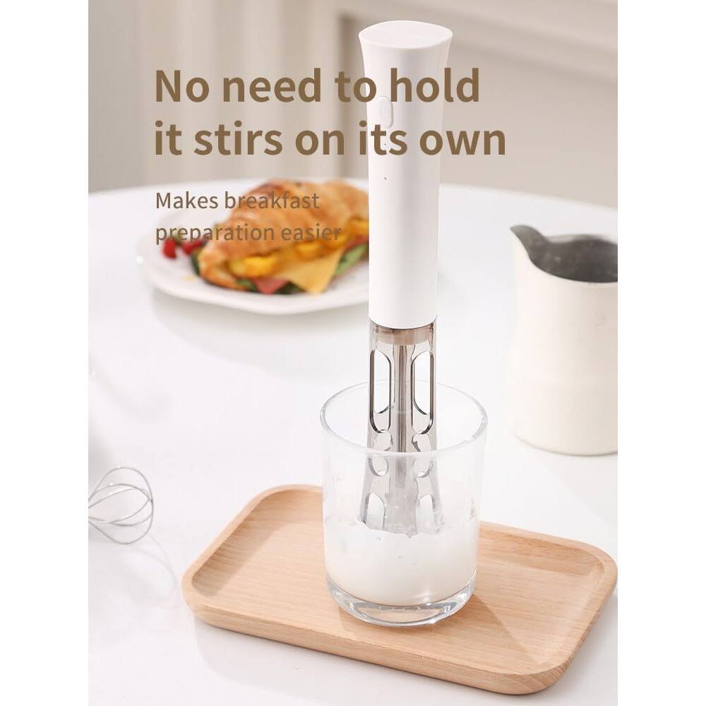 No need to hold it, it stirs on its own  
Makes breakfast preparation easier