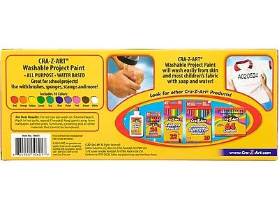 CRA-Z-ART  
Washable Project Paint  
- ALL PURPOSE - WATER BASED  
Great for school projects!  
Use with brushes, sponges, stamps and more!  
Includes 10 Colors:  
Red, Orange, Yellow, Green, Blue, Violet, Pink, Brown, Black, White  

CRA-Z-ART  
Washable Project Paint will wash easily from skin and most children's fabric with soap and water!  

For Best Results:  
Do not use in hot water or chlorine bleach.  
Wash in hot cycle, repeat if needed.  
Keep paints away from materials that cannot be laundered.  

Look for other Cra-Z-Art Products!  

A020524  

www.Cra-Z-Art.com